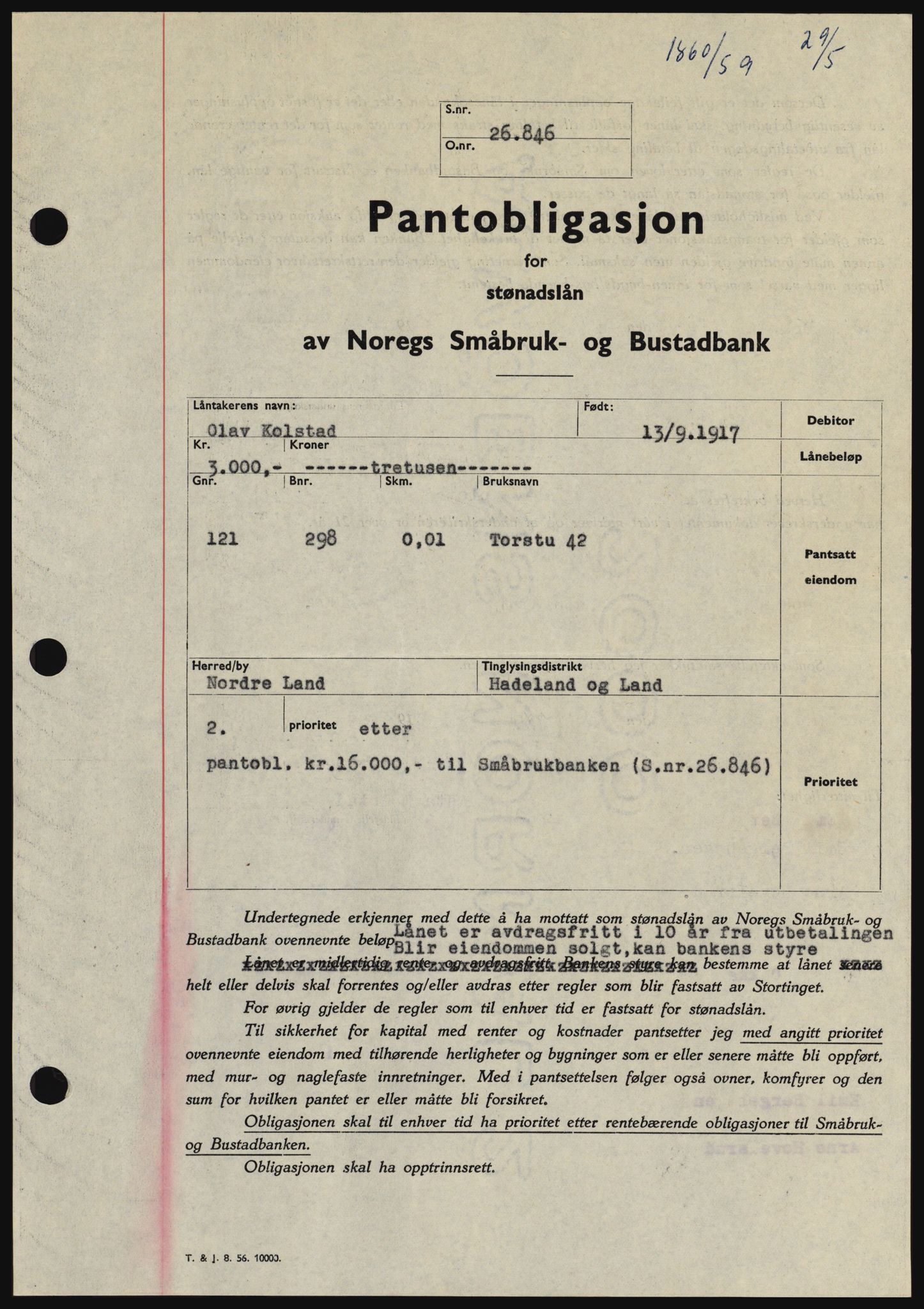 Hadeland og Land tingrett, SAH/TING-010/H/Hb/Hbc/L0040: Pantebok nr. B40, 1959-1959, Dagboknr: 1860/1959