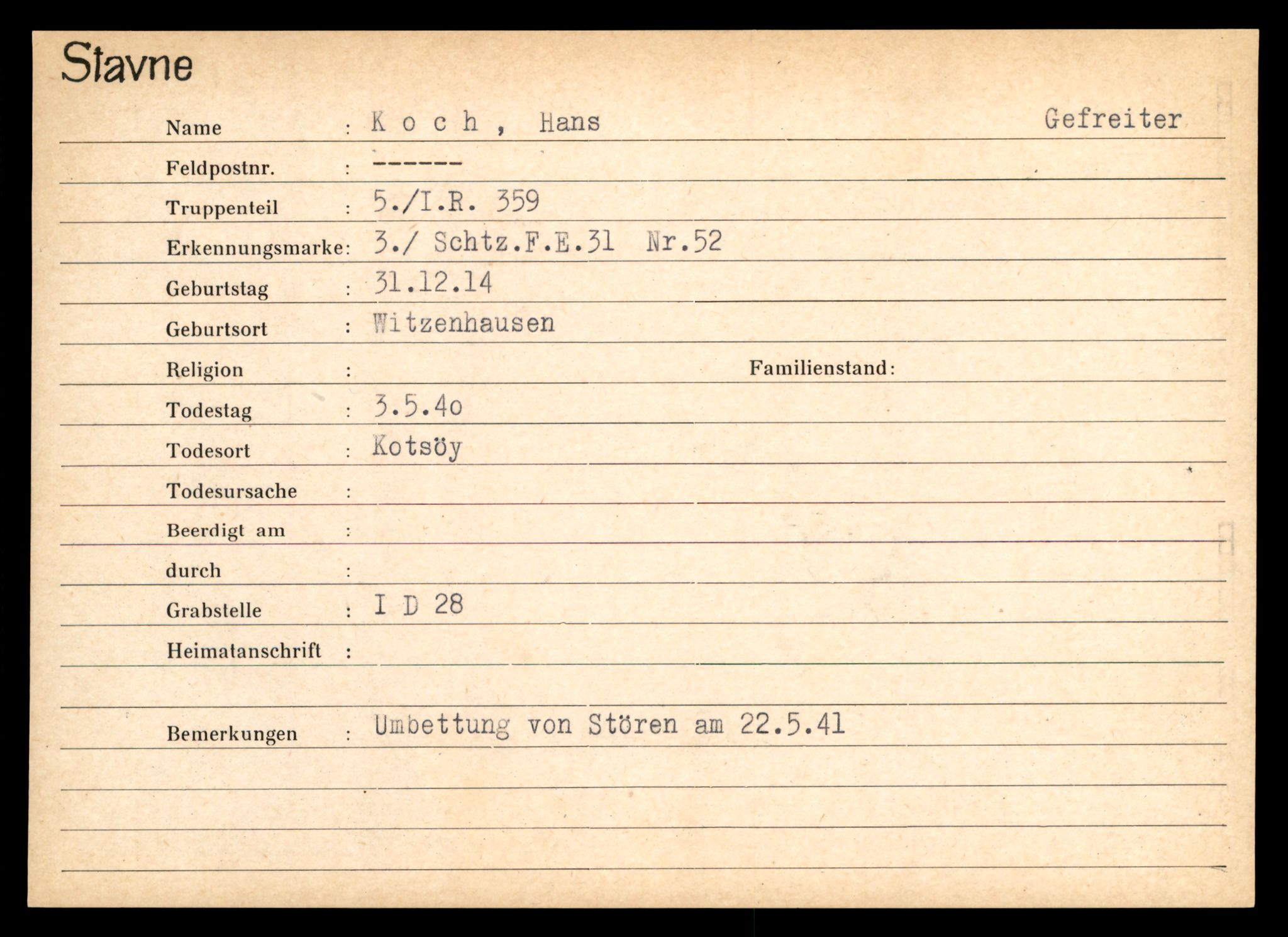 Distriktskontoret for krigsgraver, AV/SAT-A-5030/E/L0003: Kasett/kartotek over tysk Krigskirkegård Stavne, 1945, s. 705