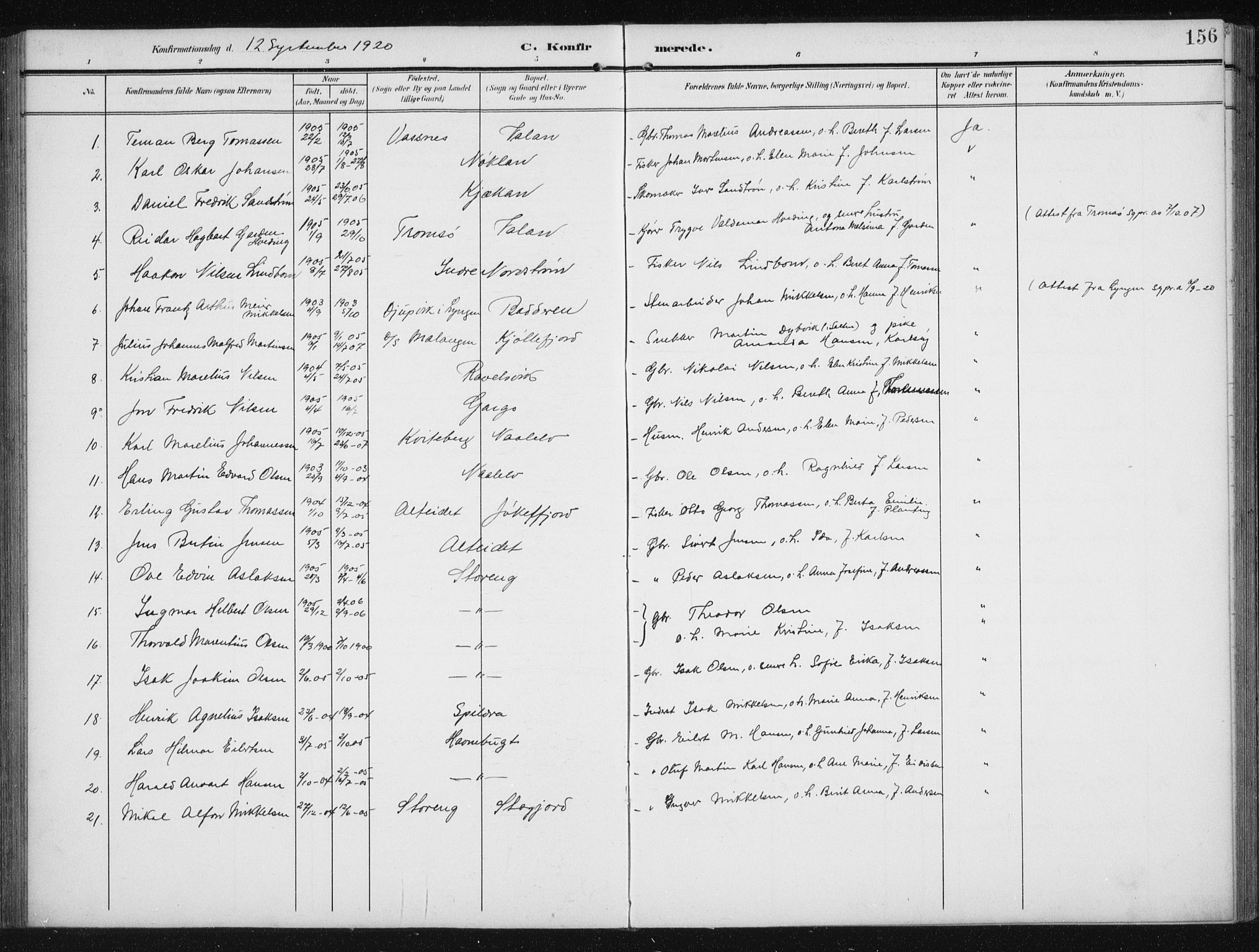 Skjervøy sokneprestkontor, AV/SATØ-S-1300/H/Ha/Hab/L0017klokker: Klokkerbok nr. 17, 1906-1941, s. 156