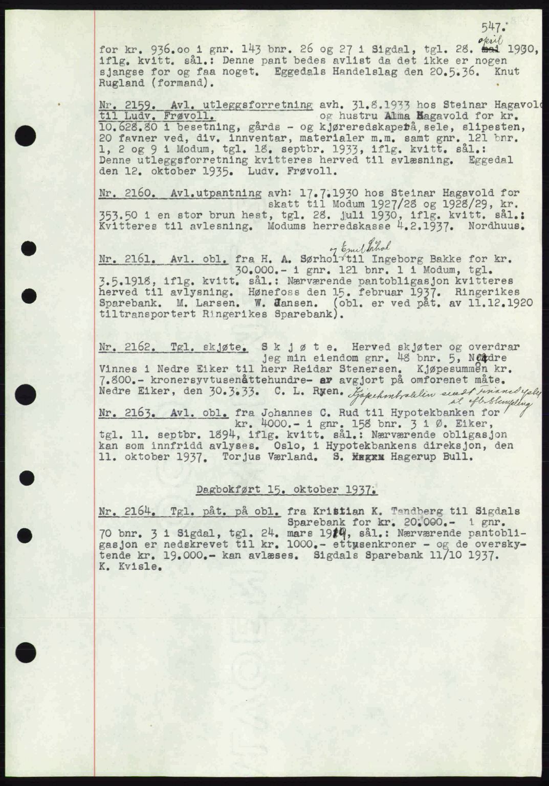 Eiker, Modum og Sigdal sorenskriveri, SAKO/A-123/G/Ga/Gab/L0036: Pantebok nr. A6, 1937-1937, Dagboknr: 2159/1937