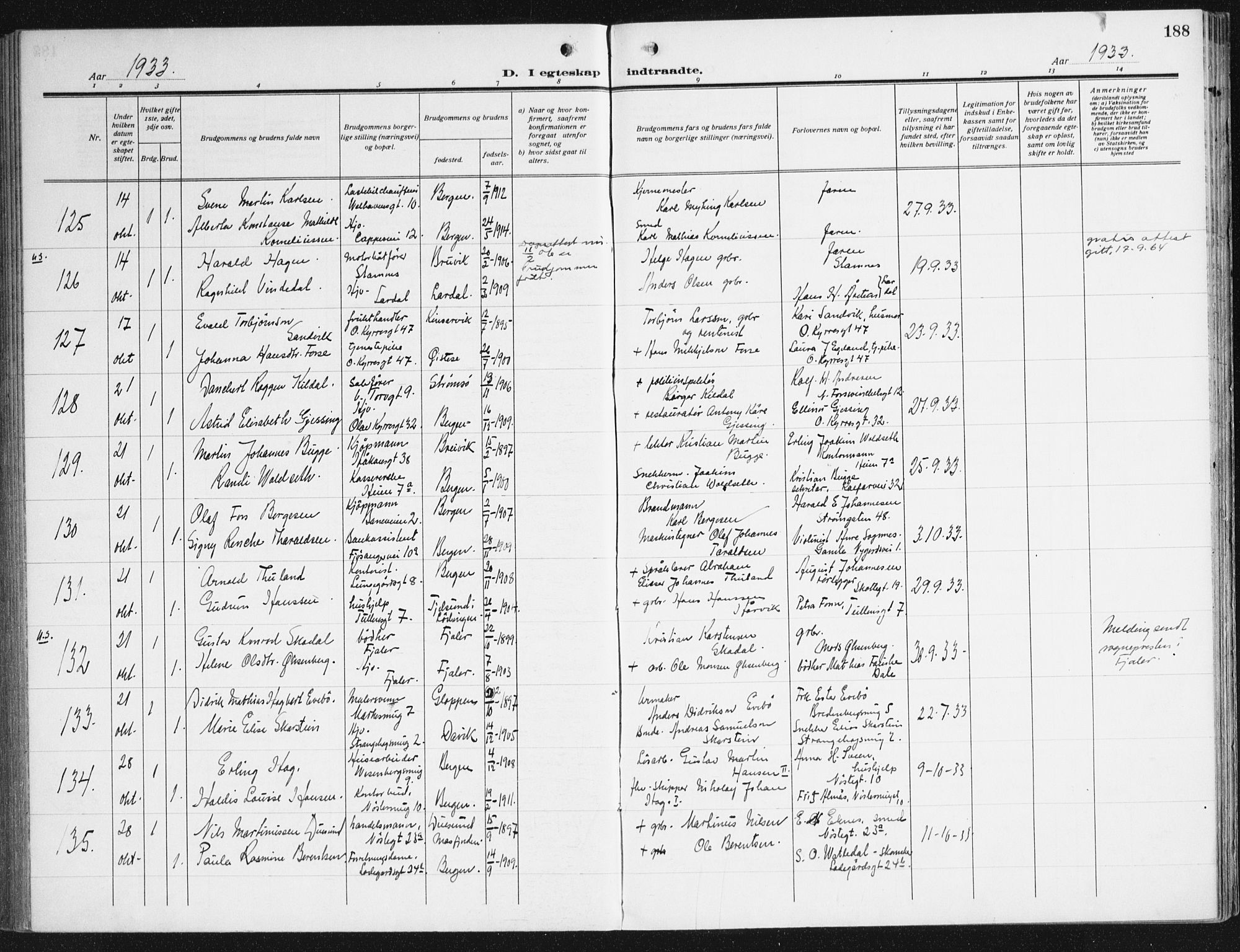 Domkirken sokneprestembete, AV/SAB-A-74801/H/Haa/L0039: Ministerialbok nr. D 6, 1921-1937, s. 188