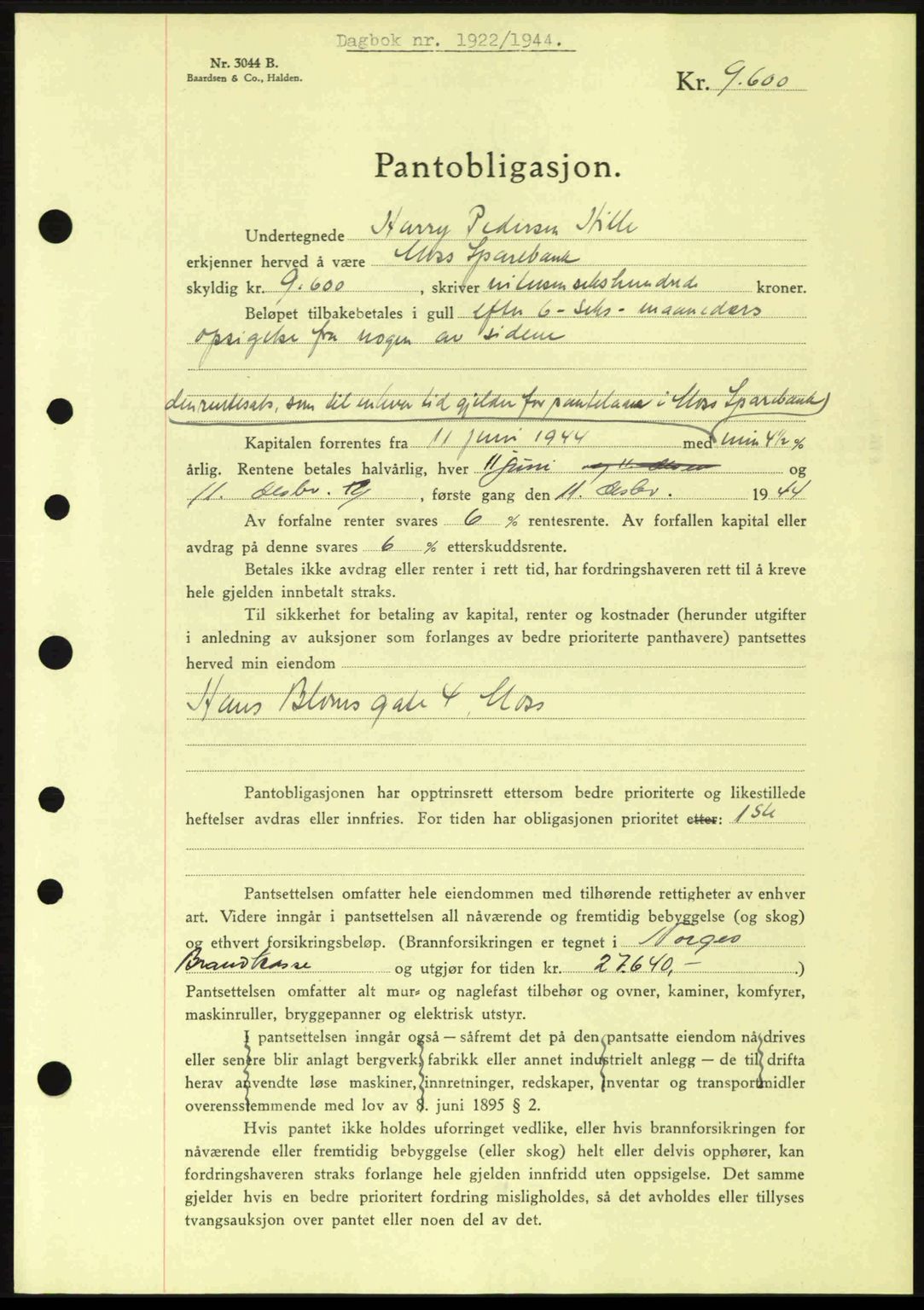 Moss sorenskriveri, SAO/A-10168: Pantebok nr. B13, 1943-1945, Dagboknr: 1922/1944