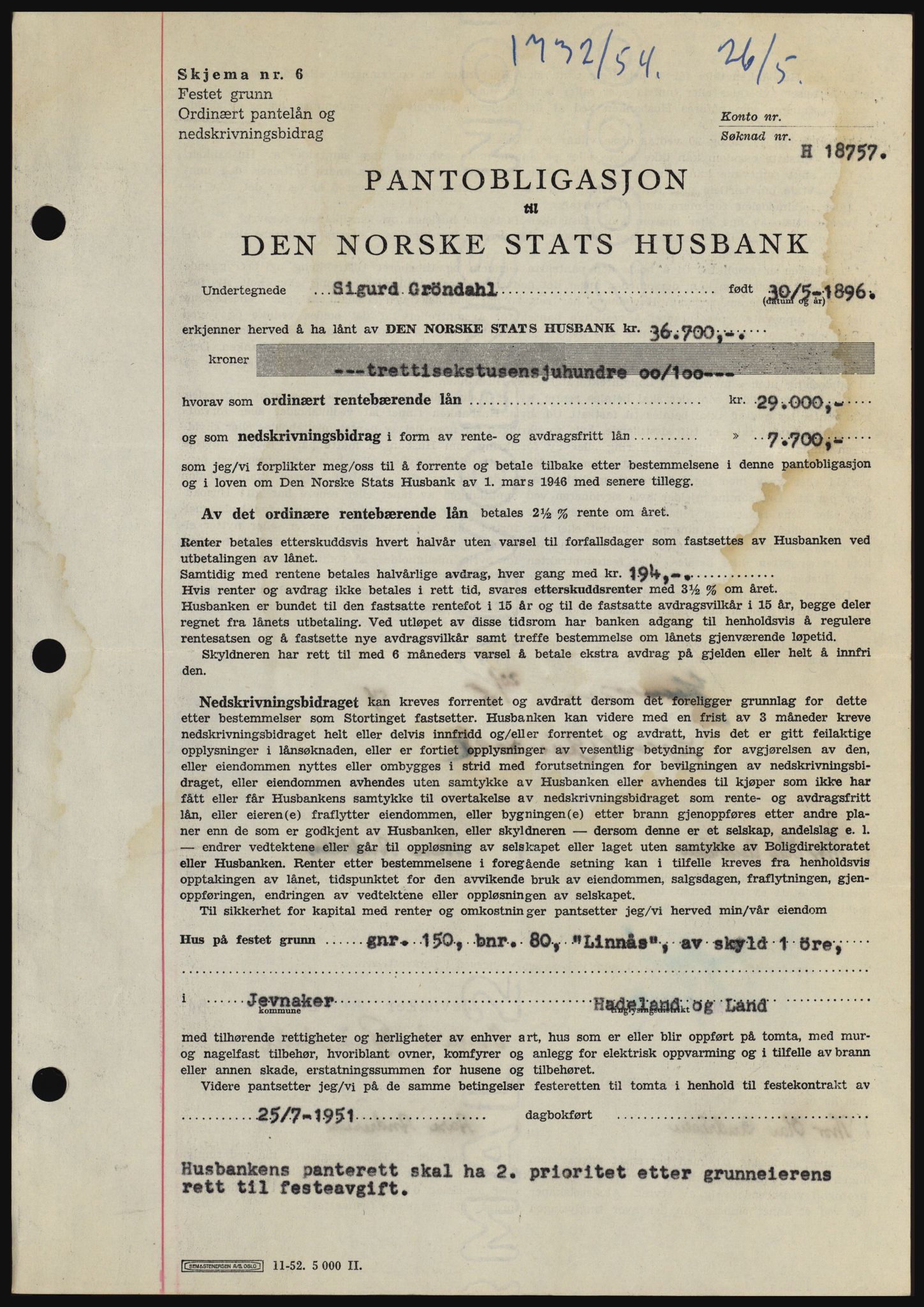 Hadeland og Land tingrett, SAH/TING-010/H/Hb/Hbc/L0029: Pantebok nr. B29, 1954-1954, Dagboknr: 1732/1954