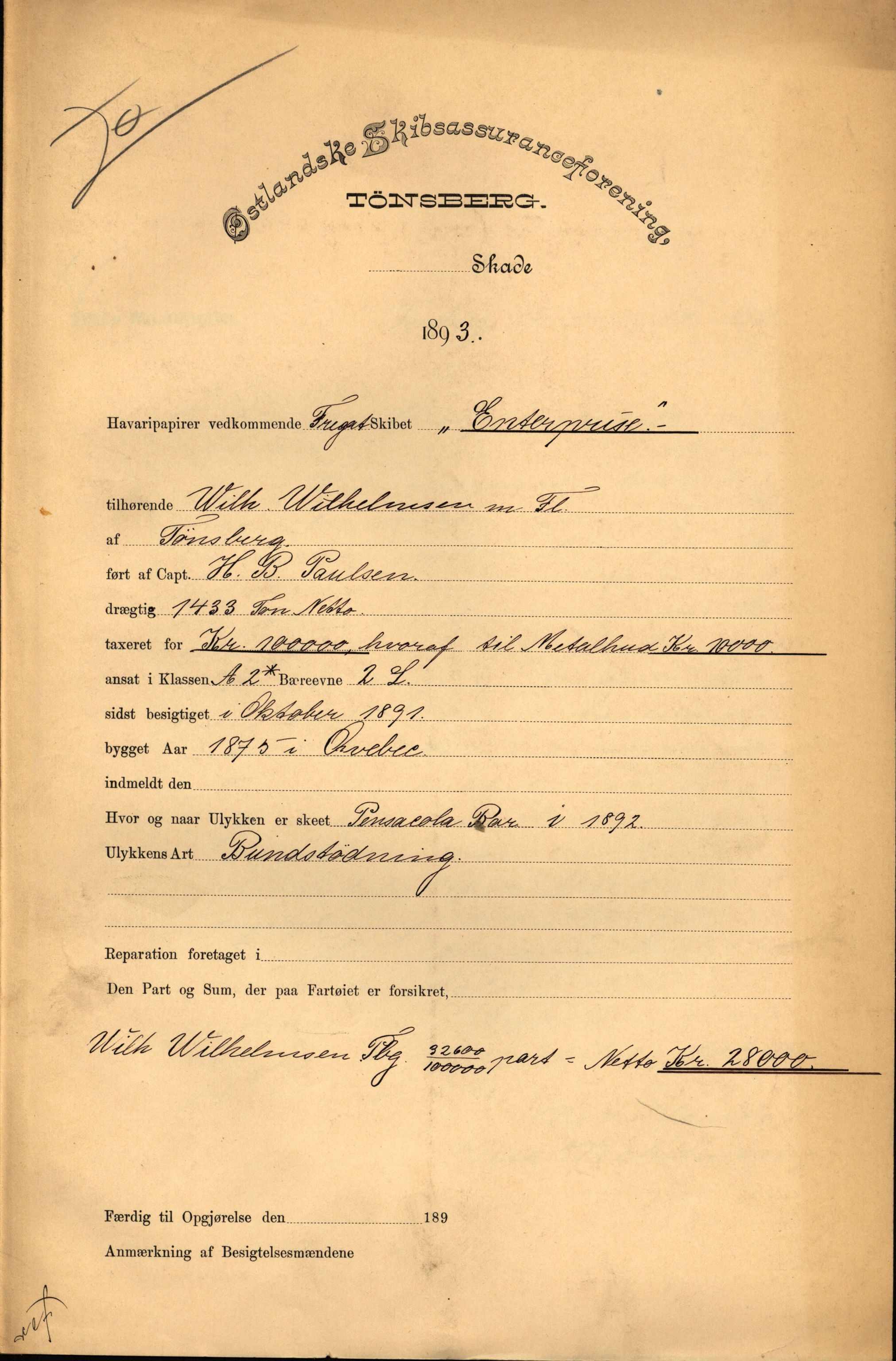 Pa 63 - Østlandske skibsassuranceforening, VEMU/A-1079/G/Ga/L0030/0002: Havaridokumenter / To venner, Emil, Empress, Enterprise, Dacapo, Dato, 1893, s. 70