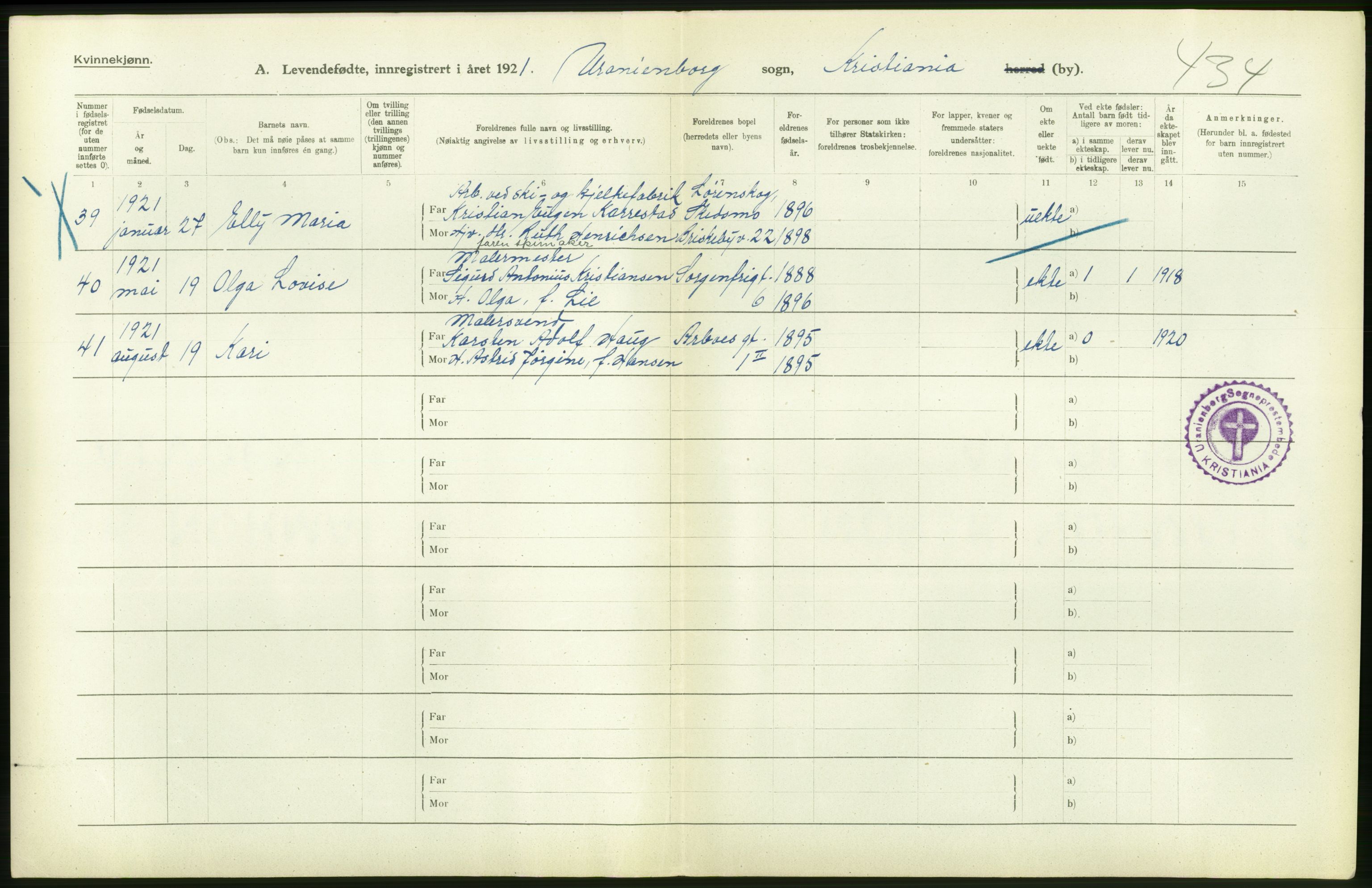 Statistisk sentralbyrå, Sosiodemografiske emner, Befolkning, AV/RA-S-2228/D/Df/Dfc/Dfca/L0010: Kristiania: Levendefødte menn og kvinner., 1921, s. 140