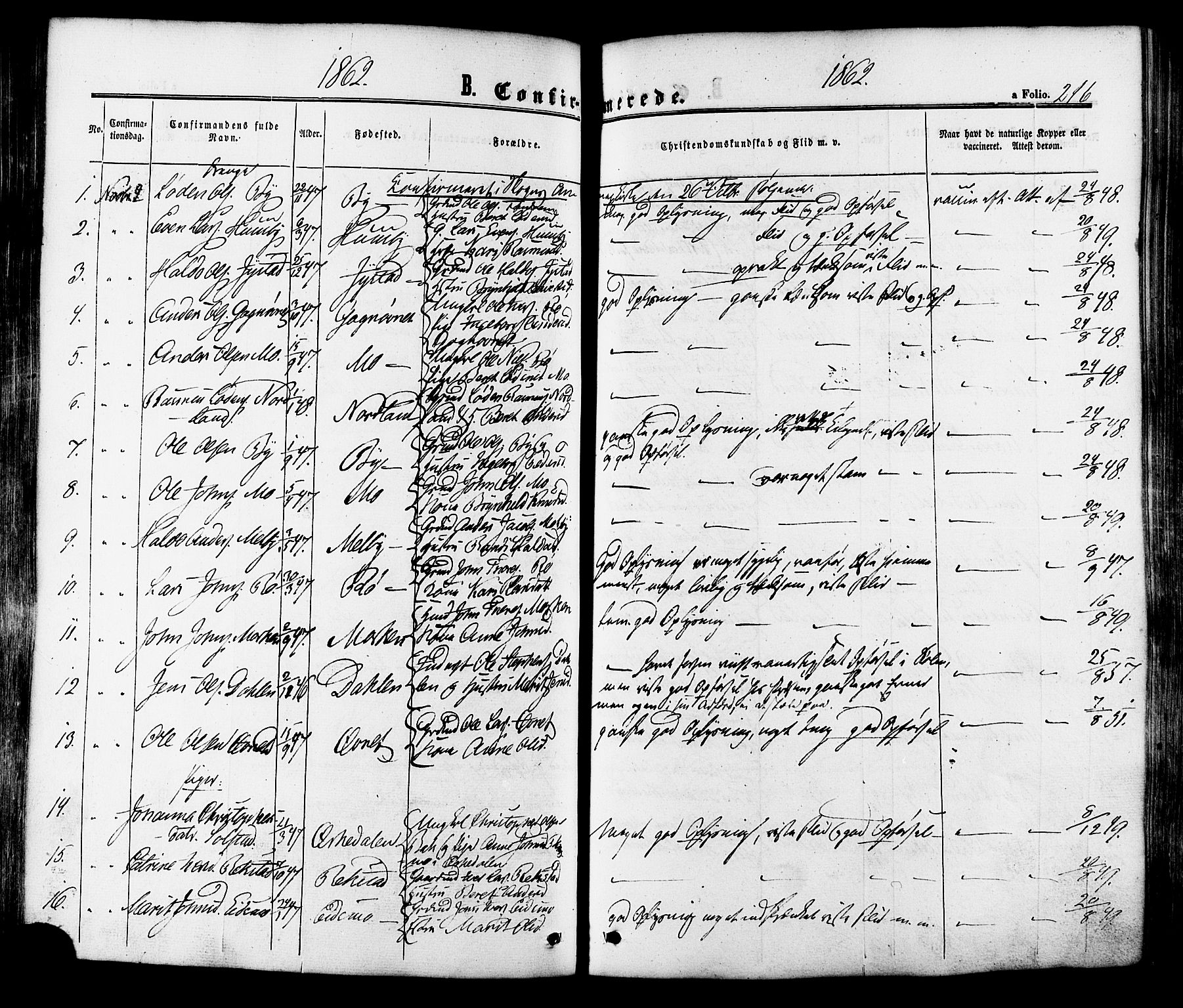 Ministerialprotokoller, klokkerbøker og fødselsregistre - Sør-Trøndelag, SAT/A-1456/665/L0772: Ministerialbok nr. 665A07, 1856-1878, s. 216