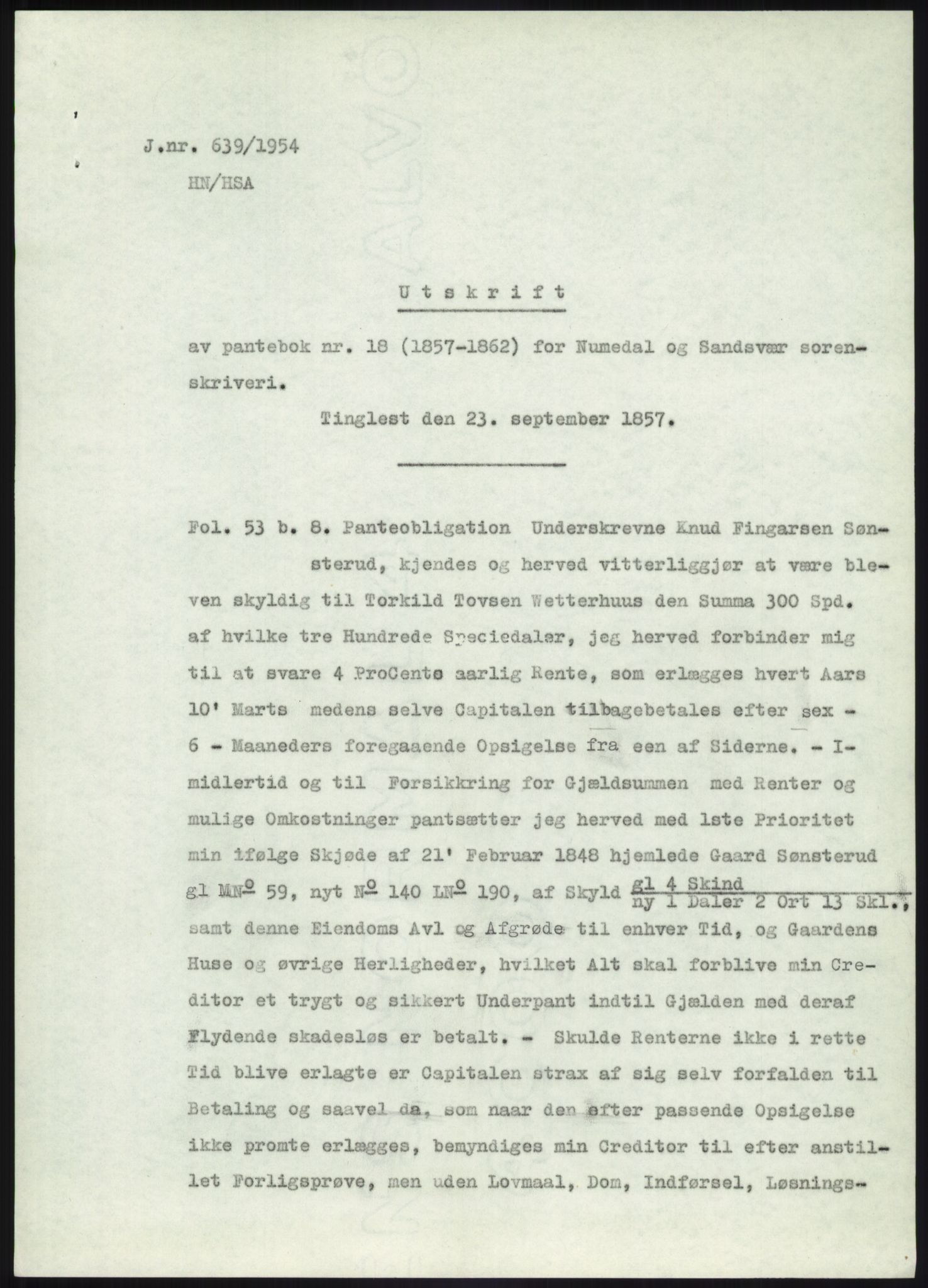 Statsarkivet i Kongsberg, AV/SAKO-A-0001/E/Ee/L0001: Avskrifter, SAO jnr. 744/1944, 933/1944, 340/1947 og 397/1954 - 959/1954, 1944-1954, s. 277