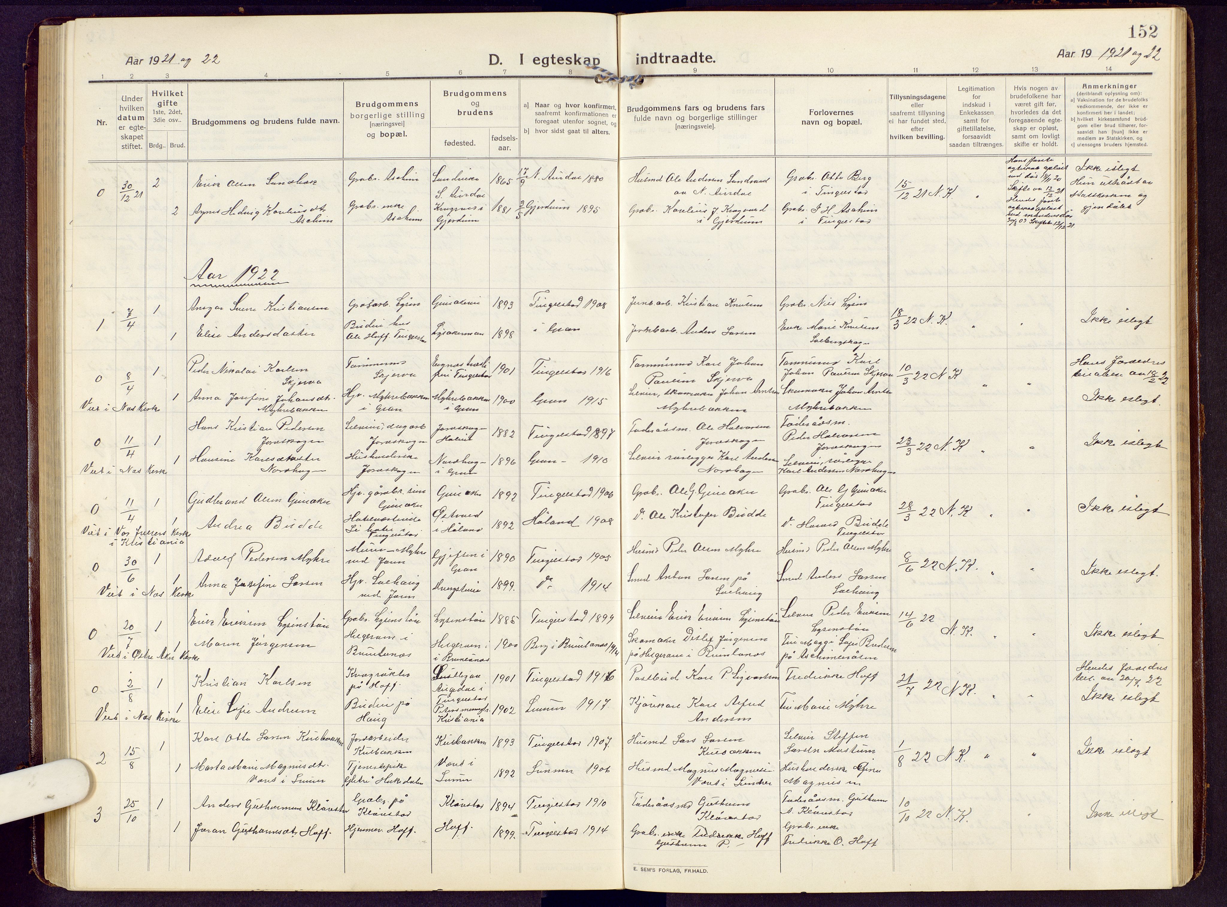 Brandbu prestekontor, AV/SAH-PREST-114/H/Ha/Hab/L0010: Klokkerbok nr. 10, 1916-1930, s. 152
