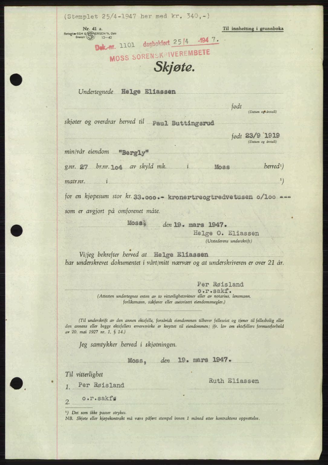 Moss sorenskriveri, SAO/A-10168: Pantebok nr. A17, 1947-1947, Dagboknr: 1101/1947