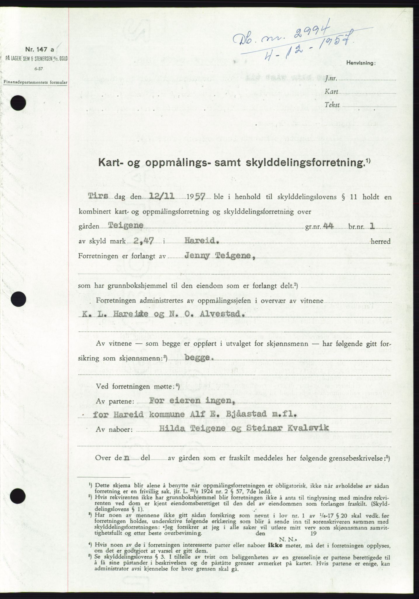 Søre Sunnmøre sorenskriveri, SAT/A-4122/1/2/2C/L0108: Pantebok nr. 34A, 1957-1958, Dagboknr: 2994/1957
