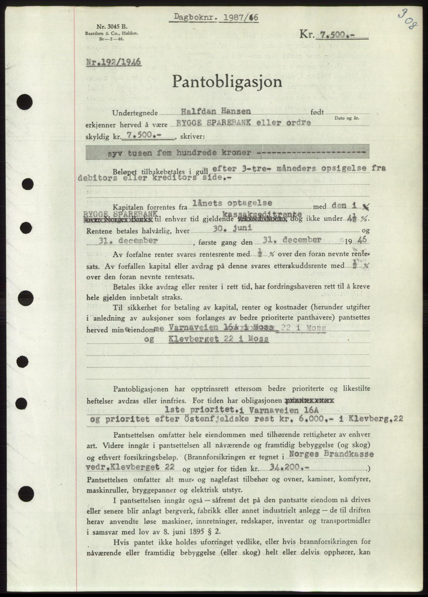 Moss sorenskriveri, SAO/A-10168: Pantebok nr. B15, 1946-1946, Dagboknr: 1987/1946