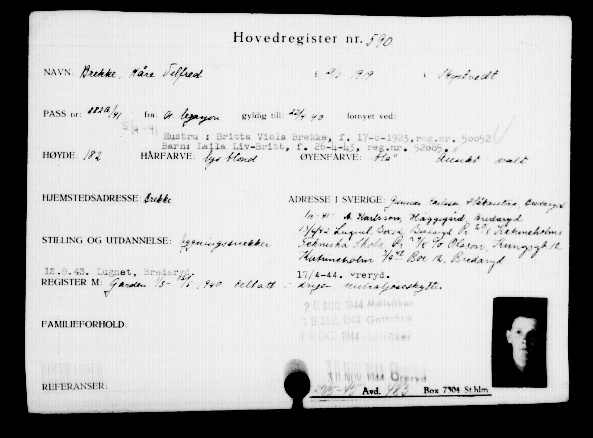 Utenriksstasjonene, Legasjonen i Stockholm, Flyktningkontoret, AV/RA-S-6753/V/Va/L0001: Kjesäterkartoteket, flyktninger med registreringsnr. 1-1000, 1940-1945, s. 919