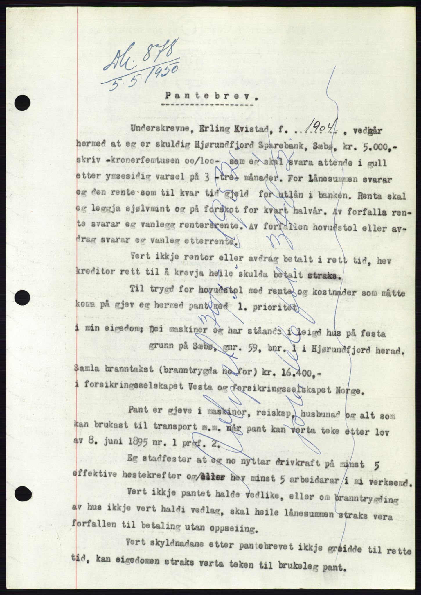 Søre Sunnmøre sorenskriveri, SAT/A-4122/1/2/2C/L0118: Pantebok nr. 6B, 1949-1950, Dagboknr: 878/1950