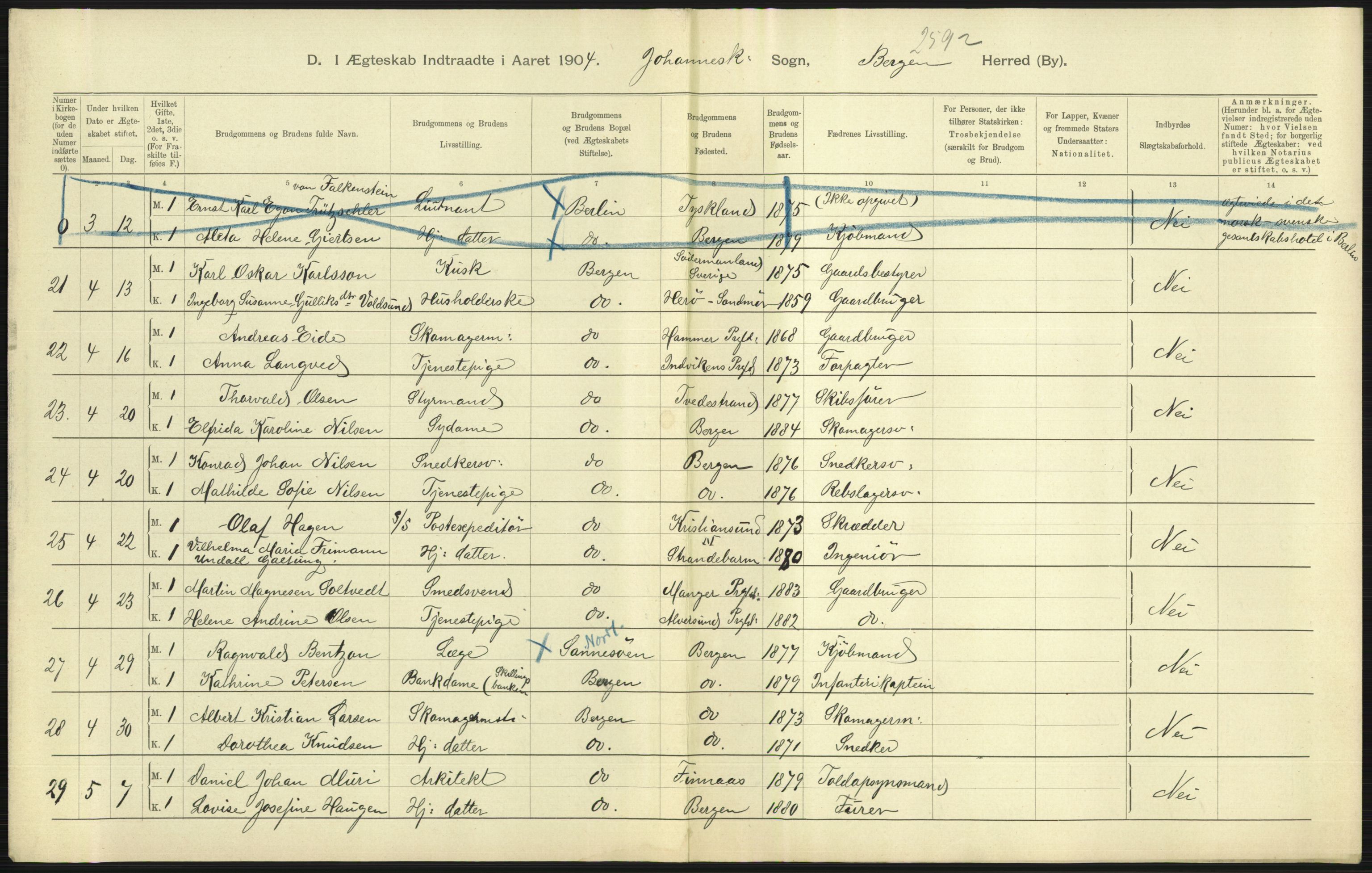 Statistisk sentralbyrå, Sosiodemografiske emner, Befolkning, RA/S-2228/D/Df/Dfa/Dfab/L0014: Bergen: Fødte, gifte, døde, 1904, s. 283