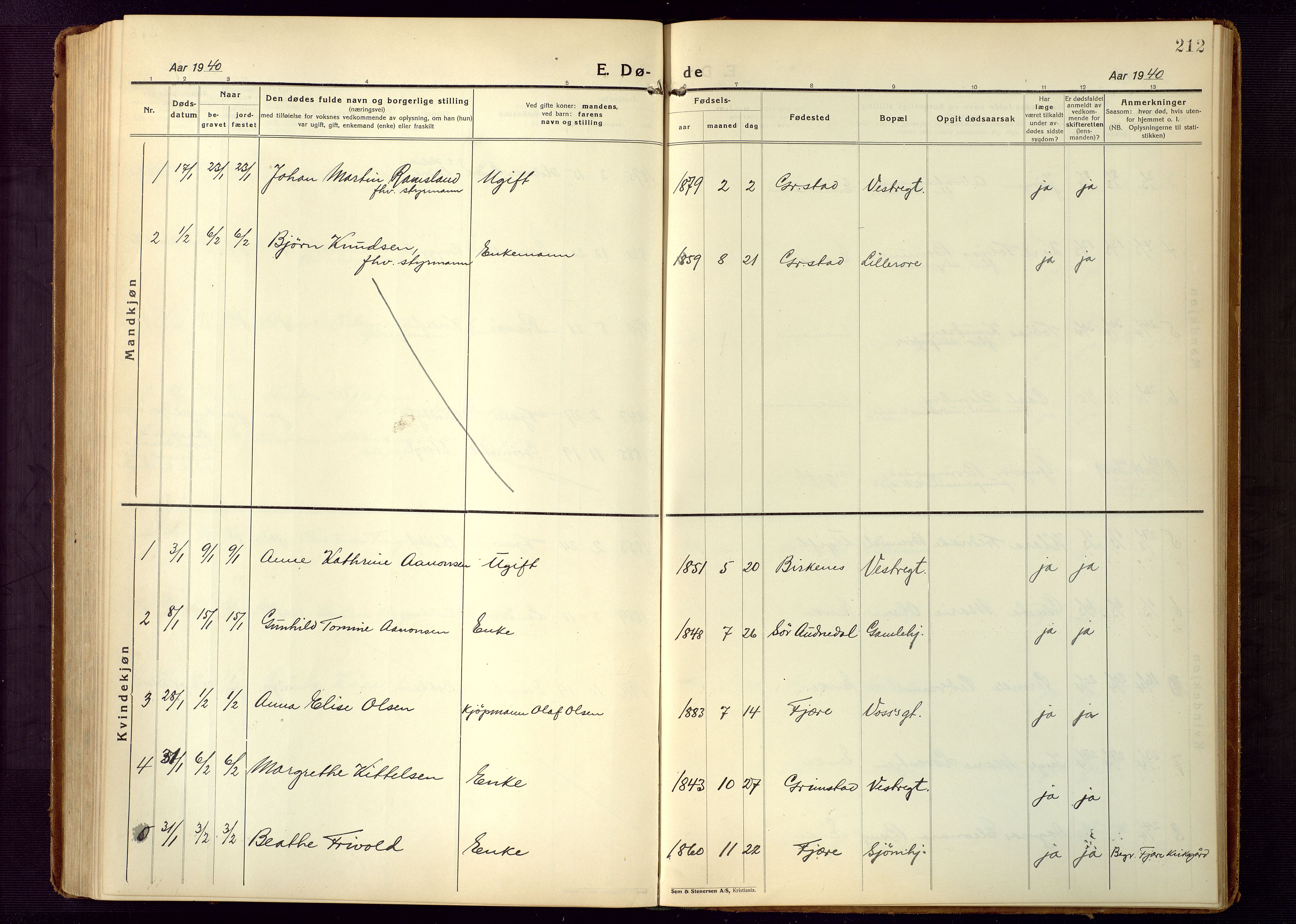 Grimstad sokneprestkontor, AV/SAK-1111-0017/F/Fb/L0002: Klokkerbok nr. B 2, 1923-1949, s. 212