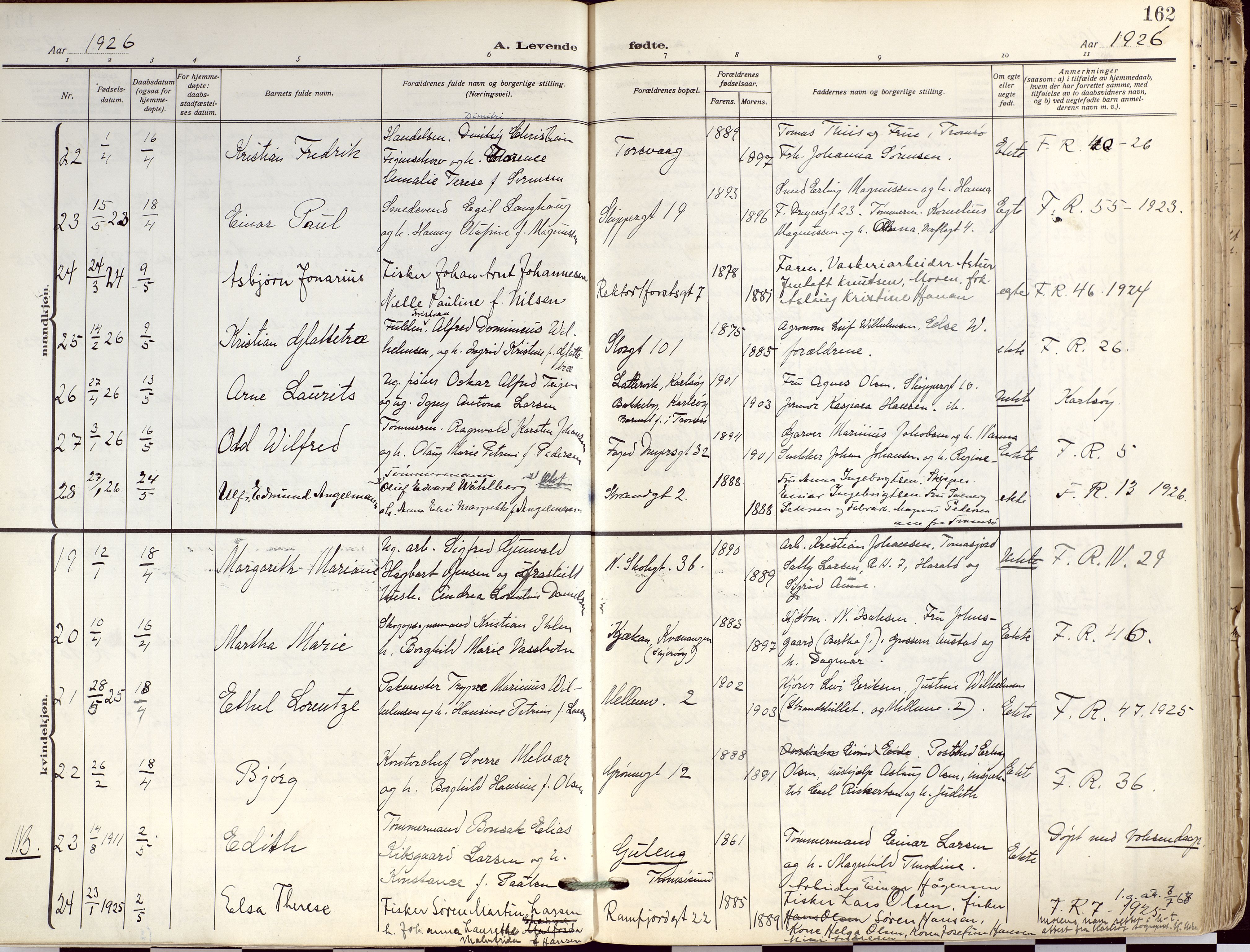 Tromsø sokneprestkontor/stiftsprosti/domprosti, AV/SATØ-S-1343/G/Ga/L0019kirke: Ministerialbok nr. 19, 1917-1927, s. 162