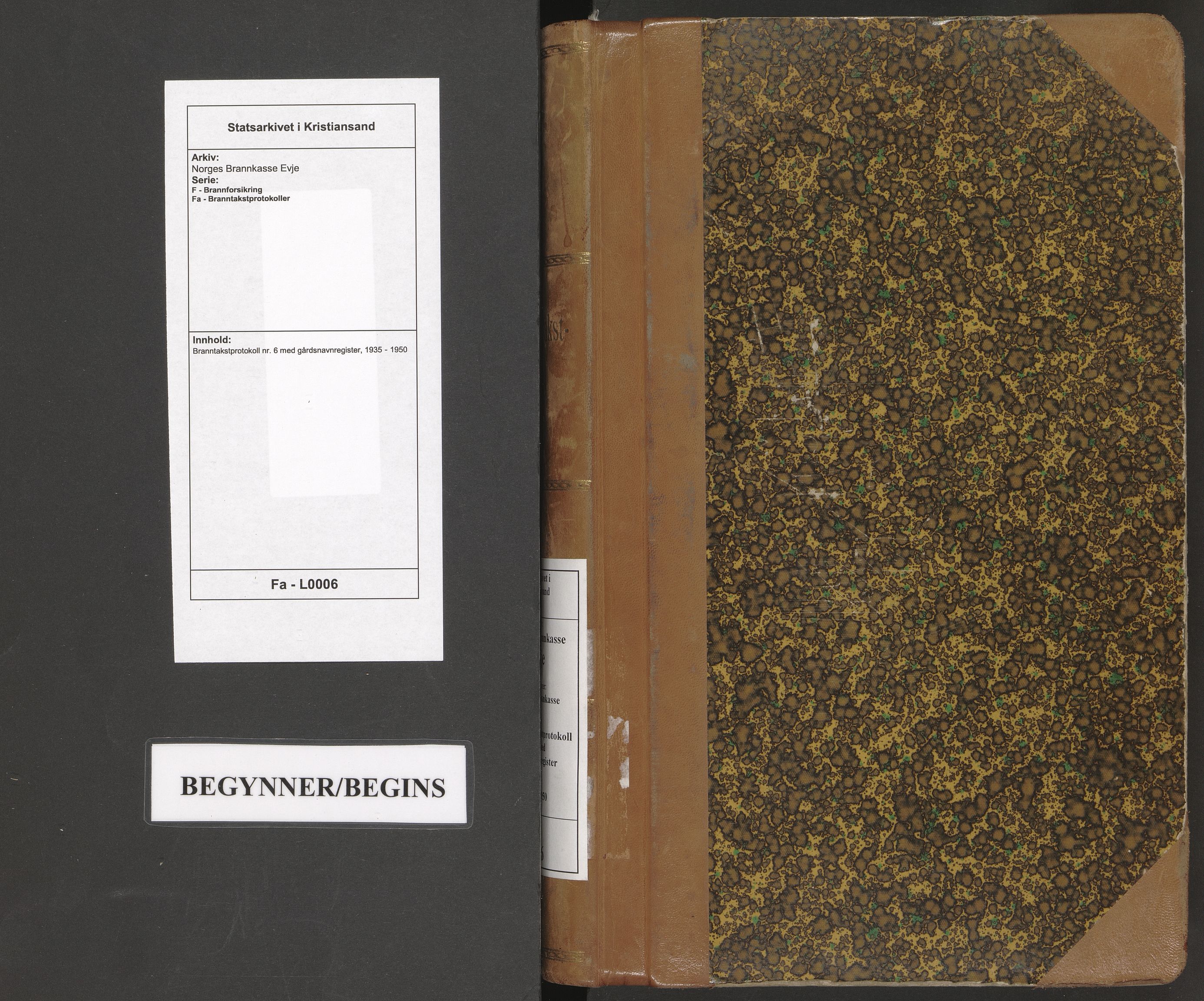 Norges Brannkasse Evje, SAK/2241-0010/F/Fa/L0006: Branntakstprotokoll nr. 6 med gårdsnavnregister, 1935-1950