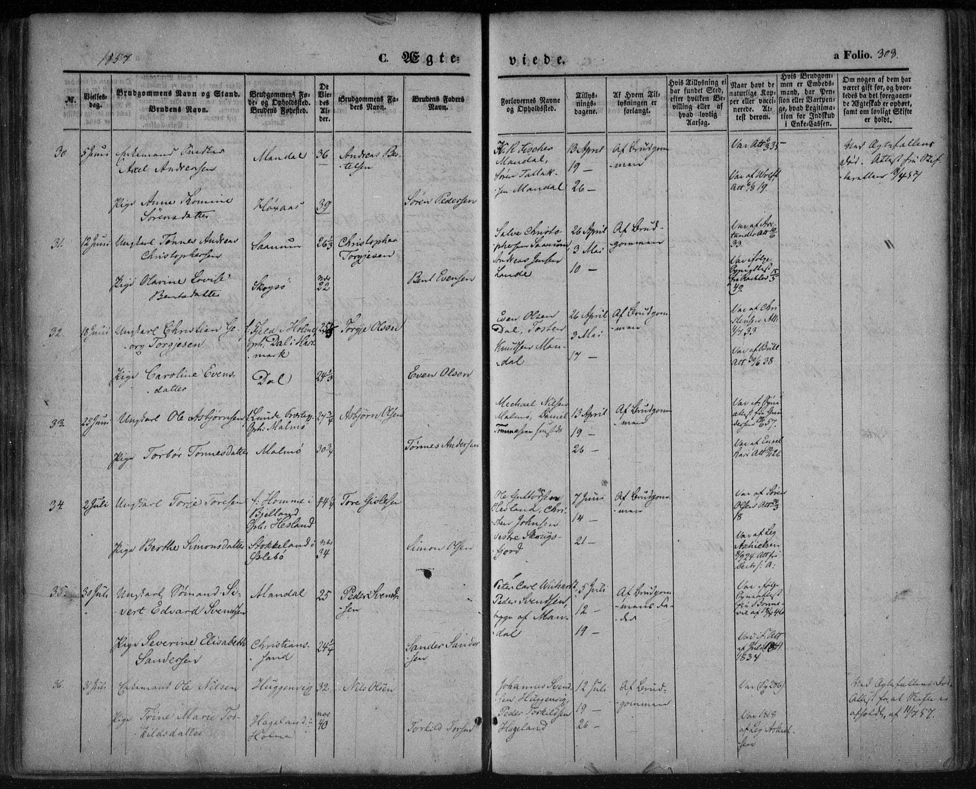 Mandal sokneprestkontor, AV/SAK-1111-0030/F/Fa/Faa/L0013: Ministerialbok nr. A 13, 1847-1859, s. 308