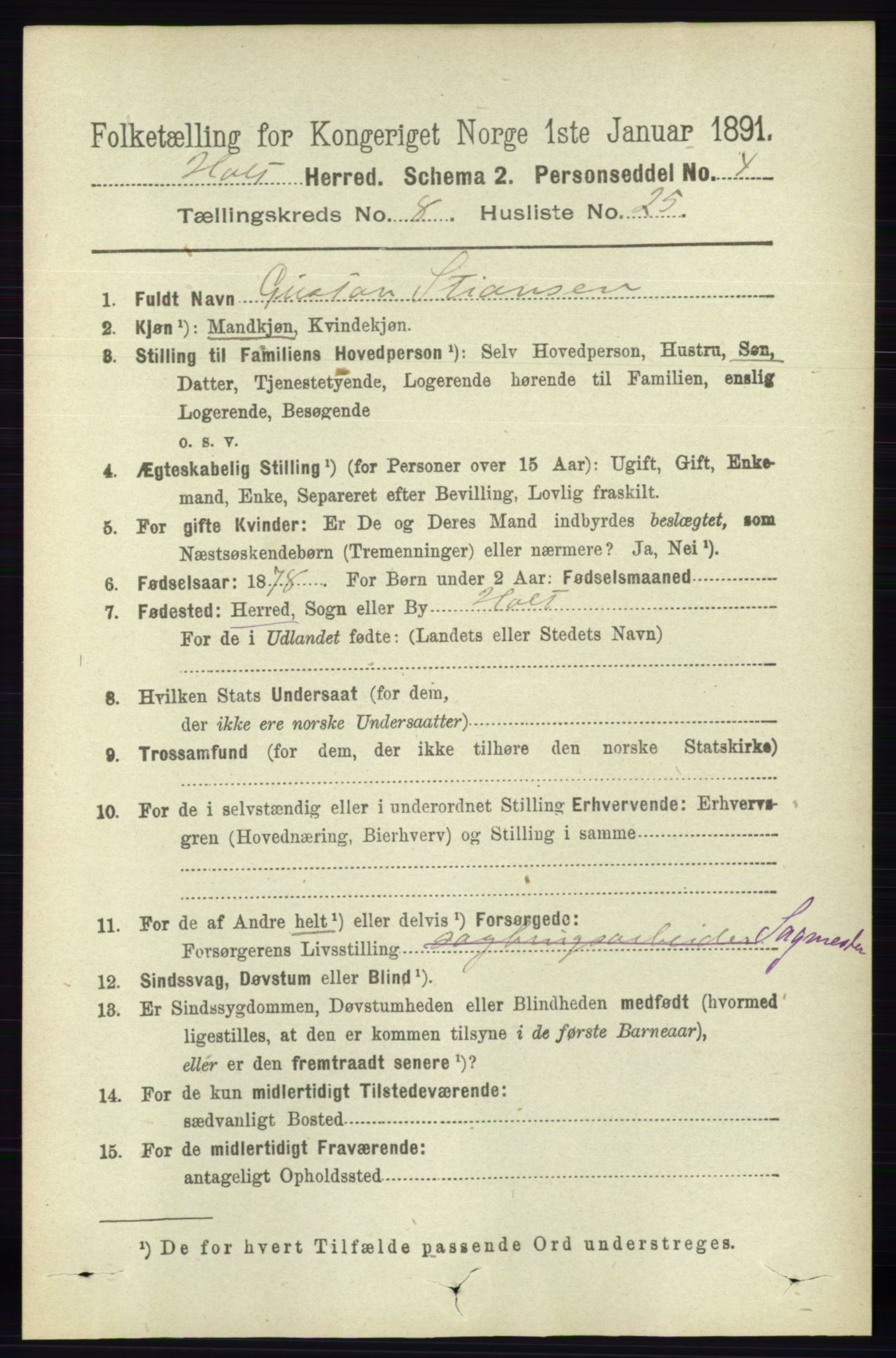 RA, Folketelling 1891 for 0914 Holt herred, 1891, s. 3665