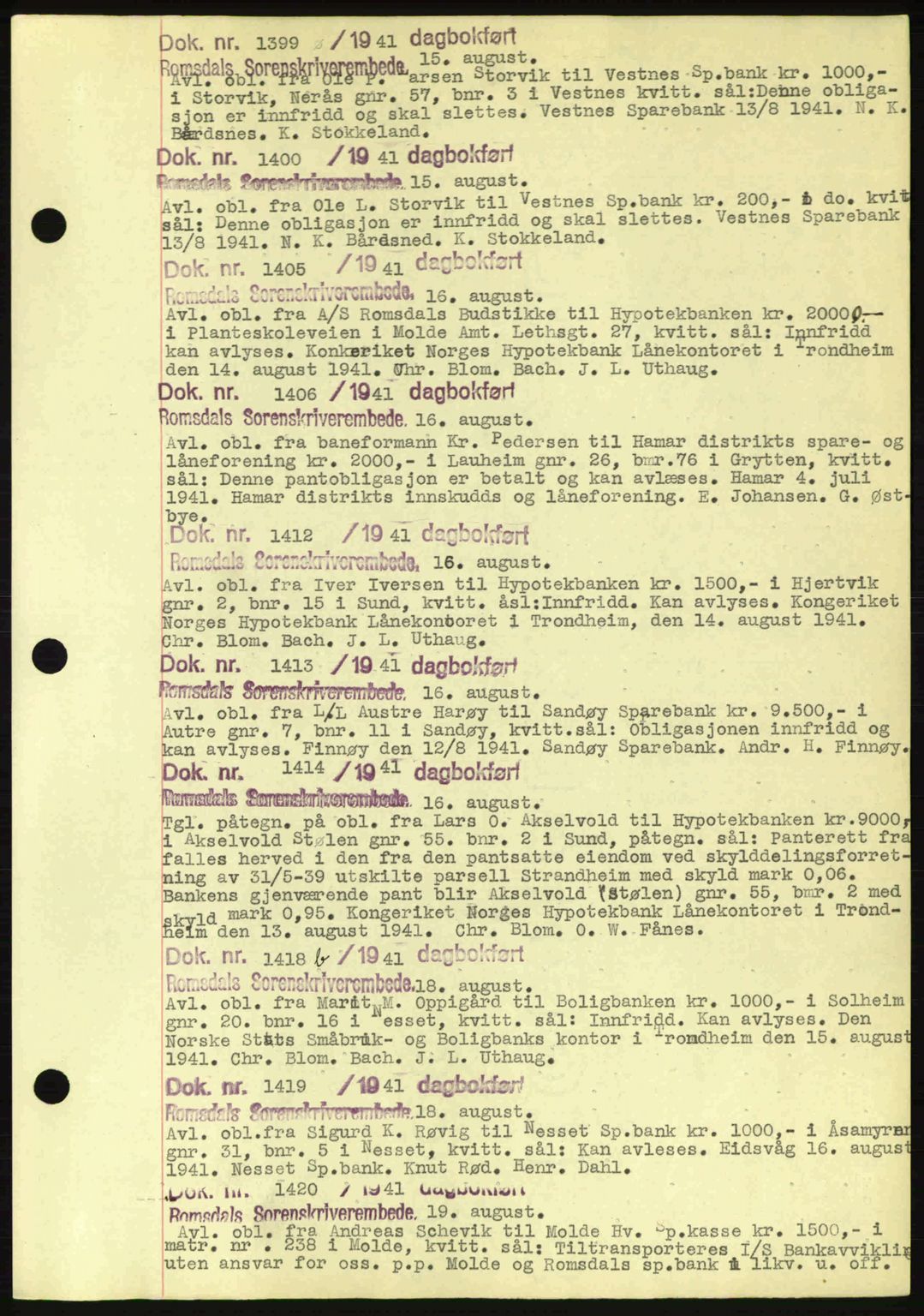 Romsdal sorenskriveri, AV/SAT-A-4149/1/2/2C: Pantebok nr. C1a, 1936-1945, Dagboknr: 1399/1941