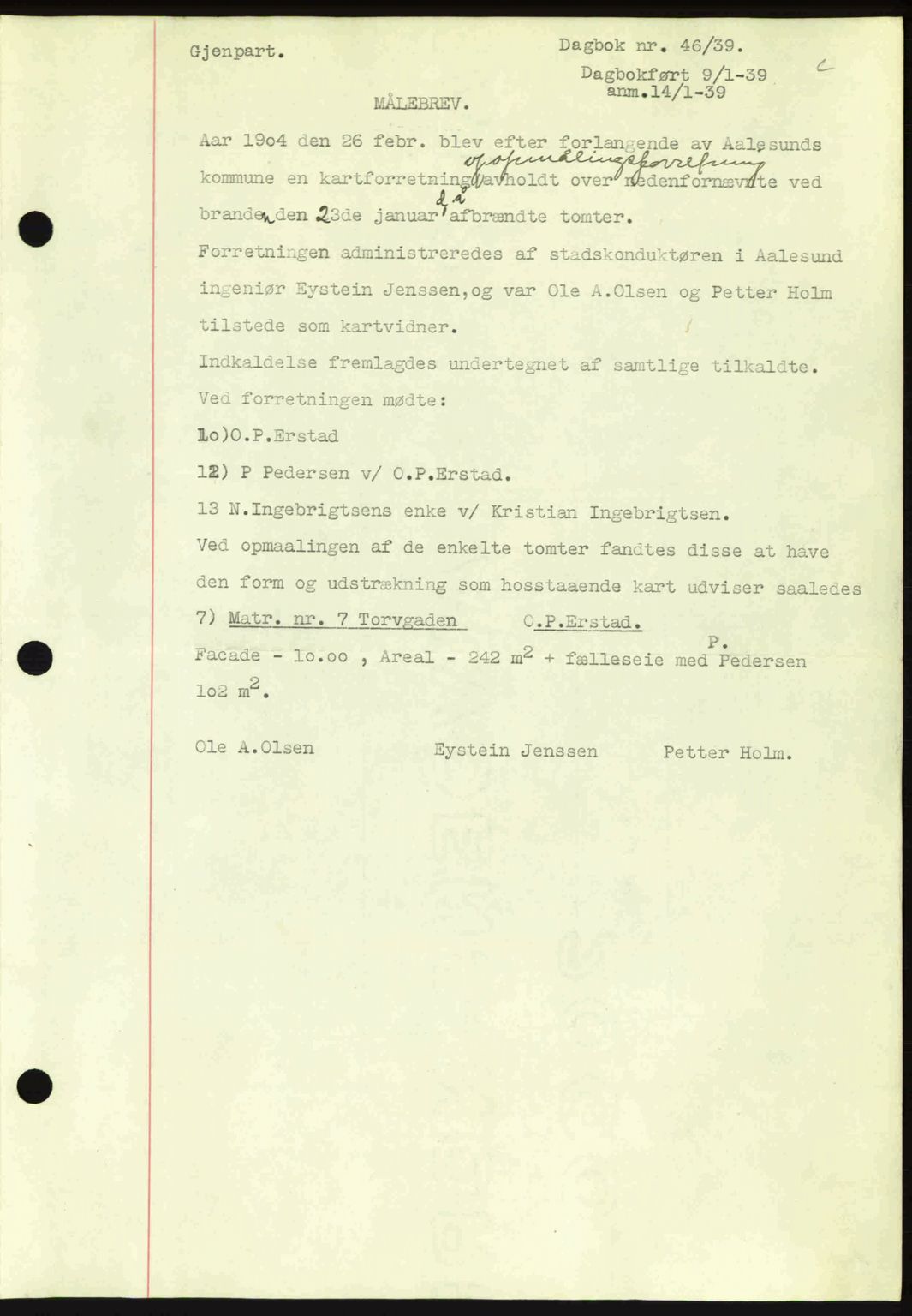 Ålesund byfogd, AV/SAT-A-4384: Pantebok nr. 34 II, 1938-1940, Dagboknr: 46/1939