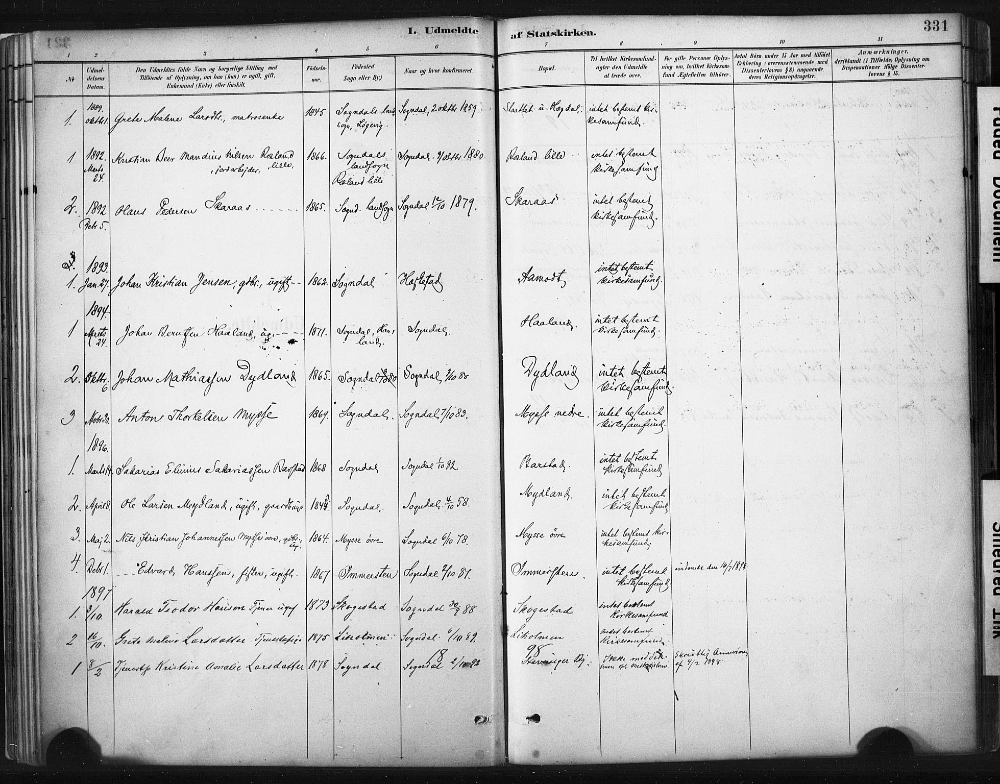 Sokndal sokneprestkontor, AV/SAST-A-101808: Ministerialbok nr. A 11.2, 1887-1905, s. 331