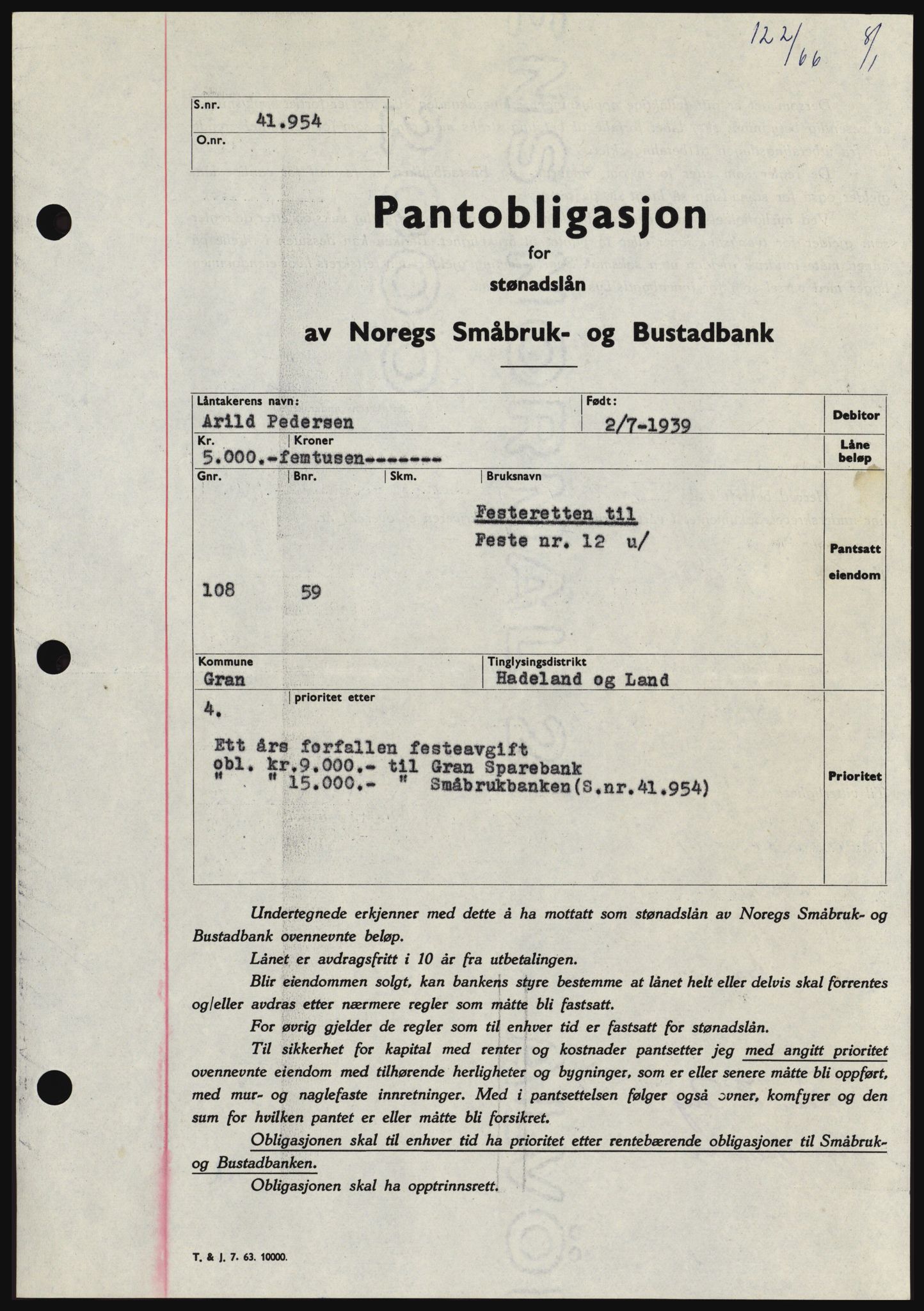 Hadeland og Land tingrett, SAH/TING-010/H/Hb/Hbc/L0061: Pantebok nr. B61, 1965-1966, Dagboknr: 122/1966