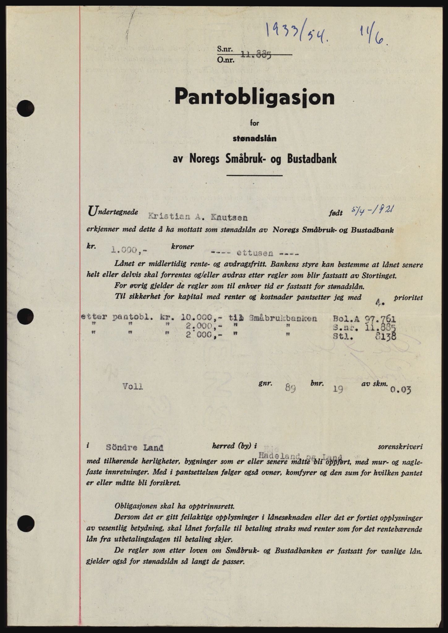 Hadeland og Land tingrett, SAH/TING-010/H/Hb/Hbc/L0030: Pantebok nr. B30, 1954-1954, Dagboknr: 1933/1954