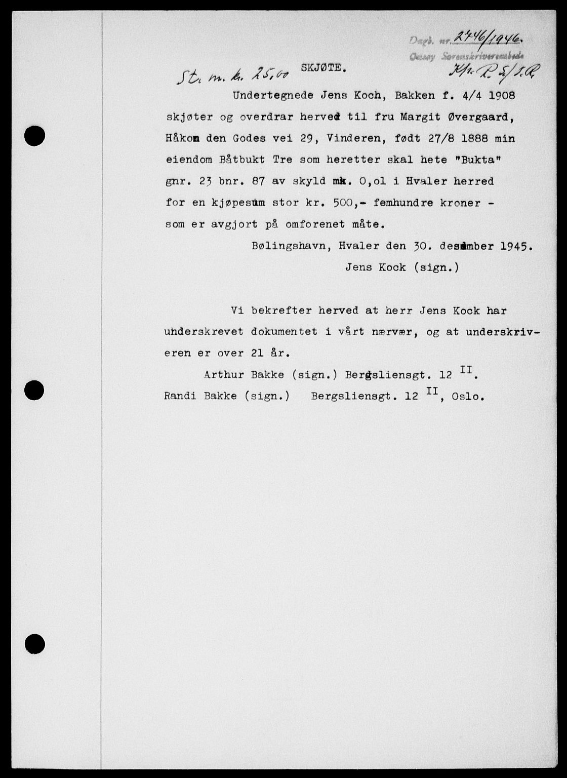Onsøy sorenskriveri, SAO/A-10474/G/Ga/Gab/L0017: Pantebok nr. II A-17, 1946-1946, Dagboknr: 2746/1946