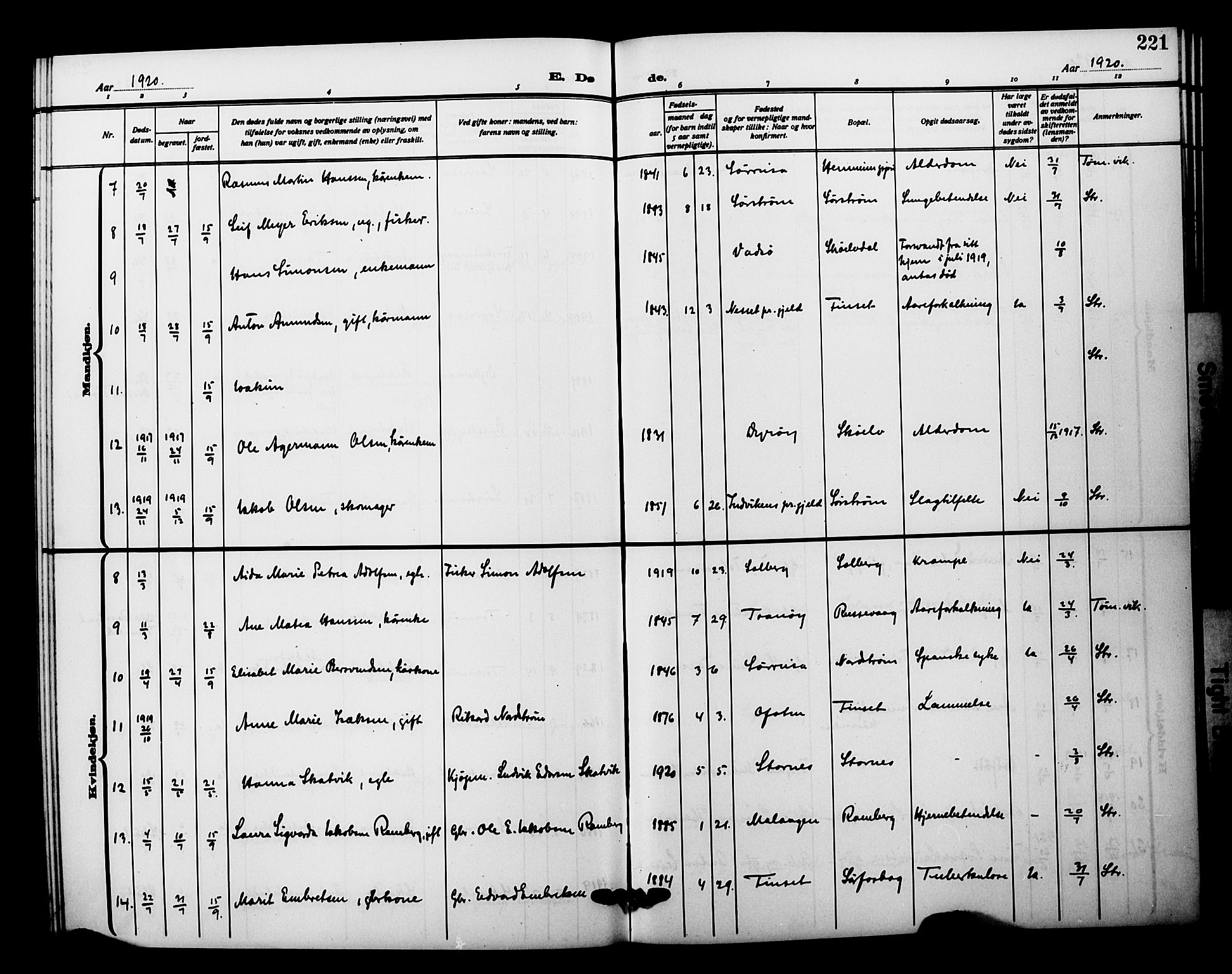 Tranøy sokneprestkontor, SATØ/S-1313/I/Ia/Iab/L0023klokker: Klokkerbok nr. 23, 1913-1928, s. 221