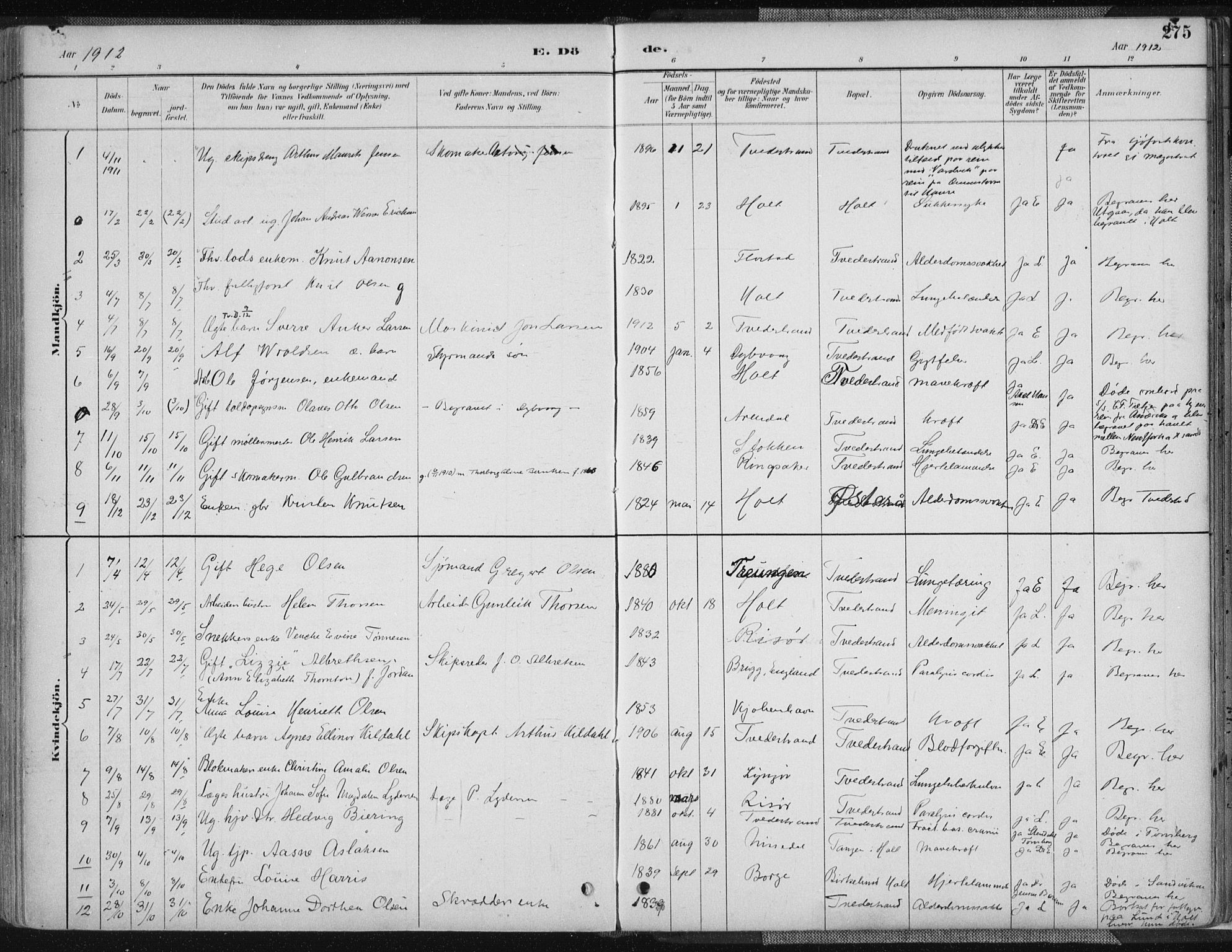 Tvedestrand sokneprestkontor, AV/SAK-1111-0042/F/Fa/L0001: Ministerialbok nr. A 1, 1885-1916, s. 275