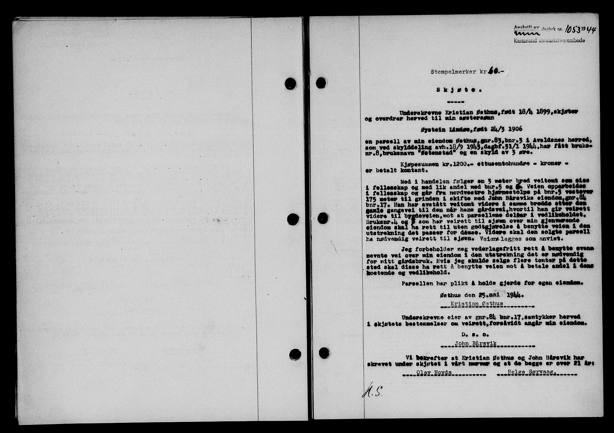 Karmsund sorenskriveri, SAST/A-100311/01/II/IIB/L0082: Pantebok nr. 63A, 1944-1944, Dagboknr: 1053/1944