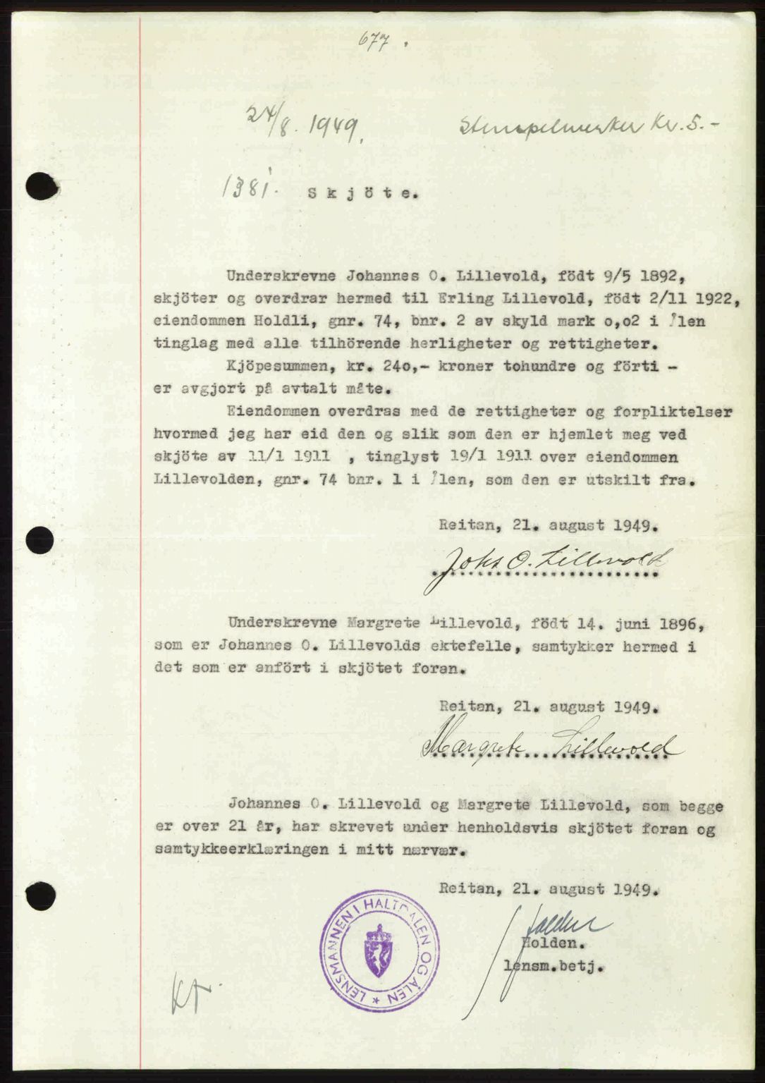 Gauldal sorenskriveri, SAT/A-0014/1/2/2C: Pantebok nr. A8, 1949-1949, Dagboknr: 1381/1949