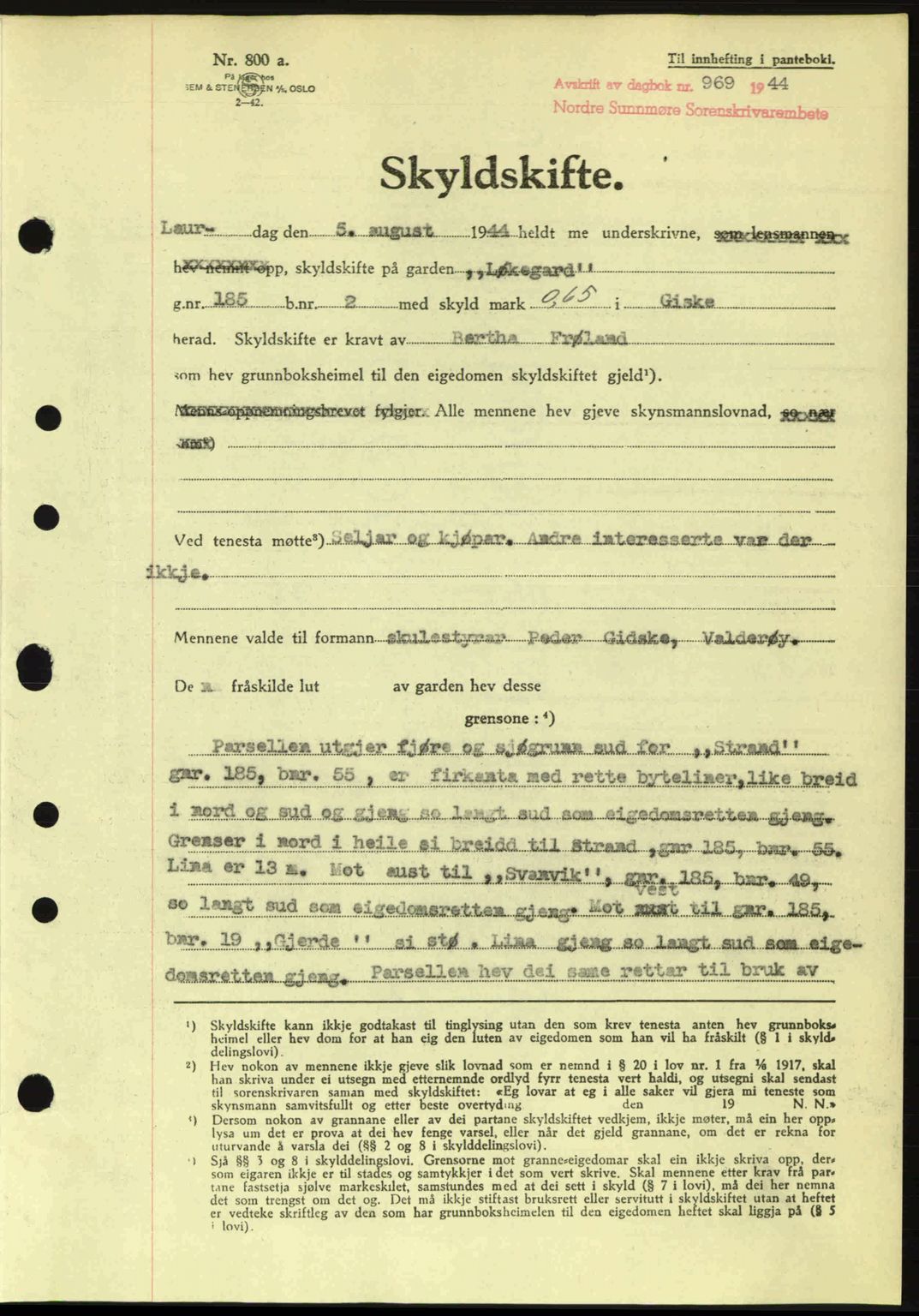 Nordre Sunnmøre sorenskriveri, SAT/A-0006/1/2/2C/2Ca: Pantebok nr. A18, 1944-1944, Dagboknr: 969/1944