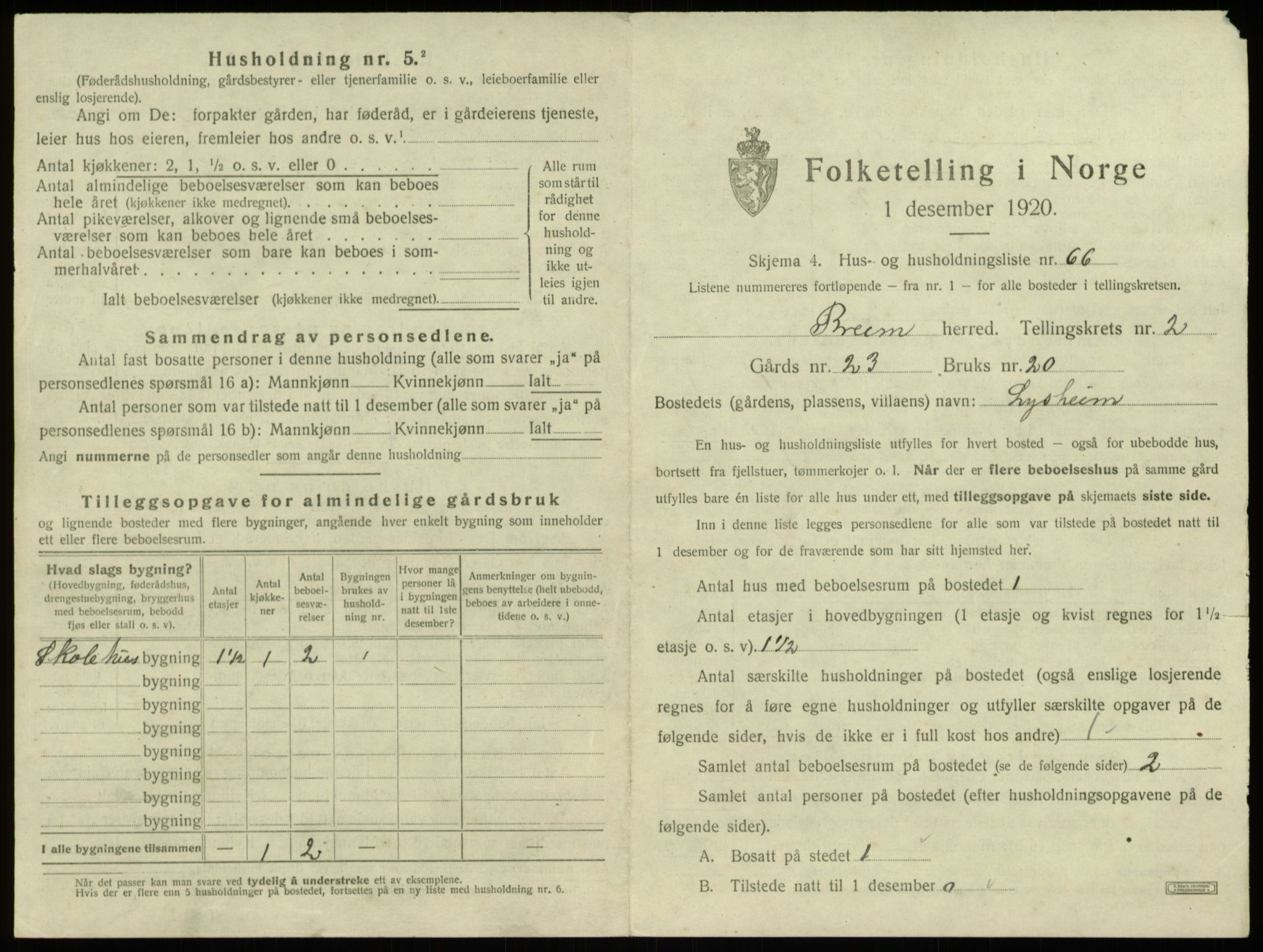 SAB, Folketelling 1920 for 1446 Breim herred, 1920, s. 196
