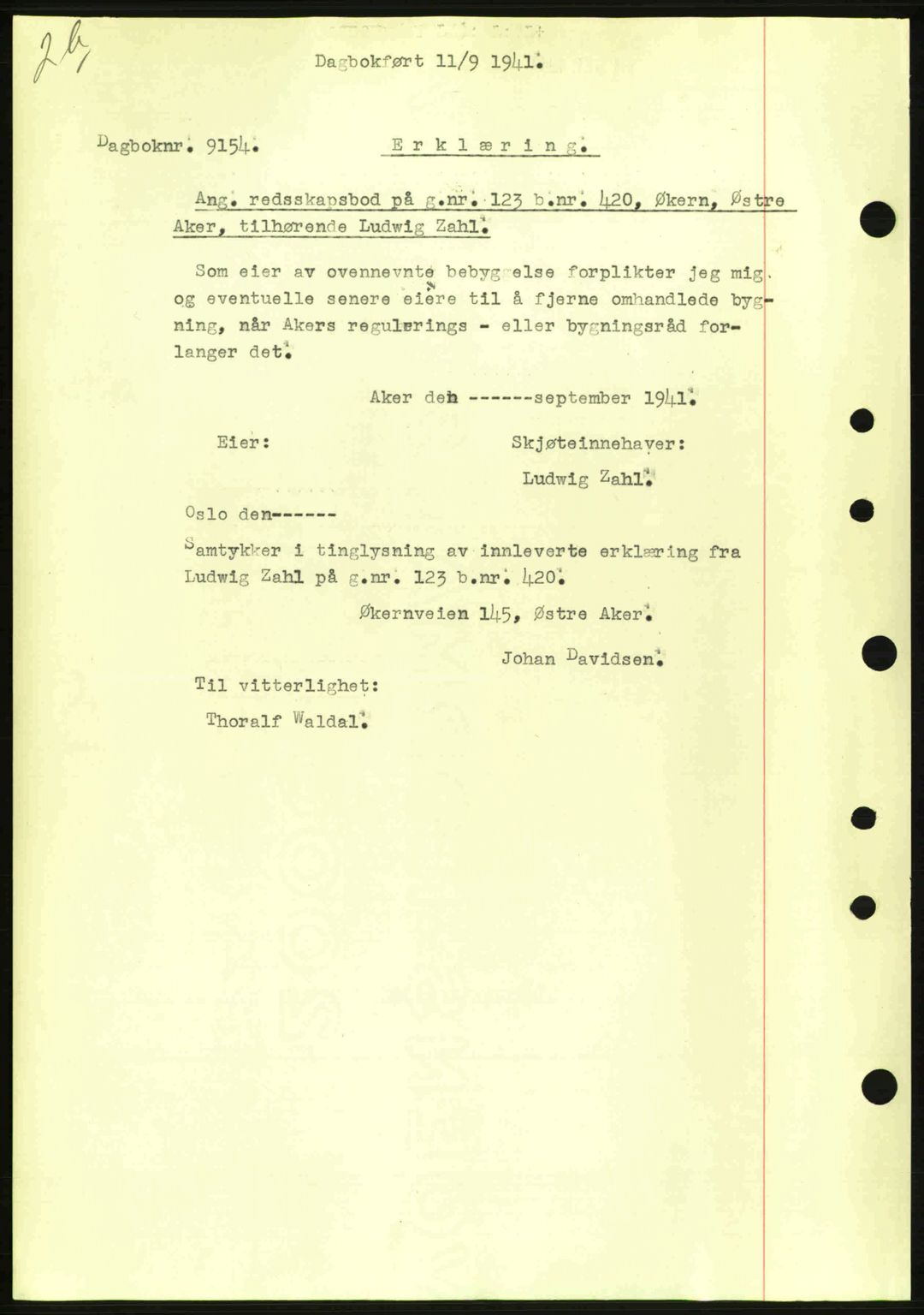 Aker herredsskriveri, AV/SAO-A-10896/G/Gb/Gba/Gbab/L0050: Pantebok nr. A174, 1941-1941, Dagboknr: 9154/1941