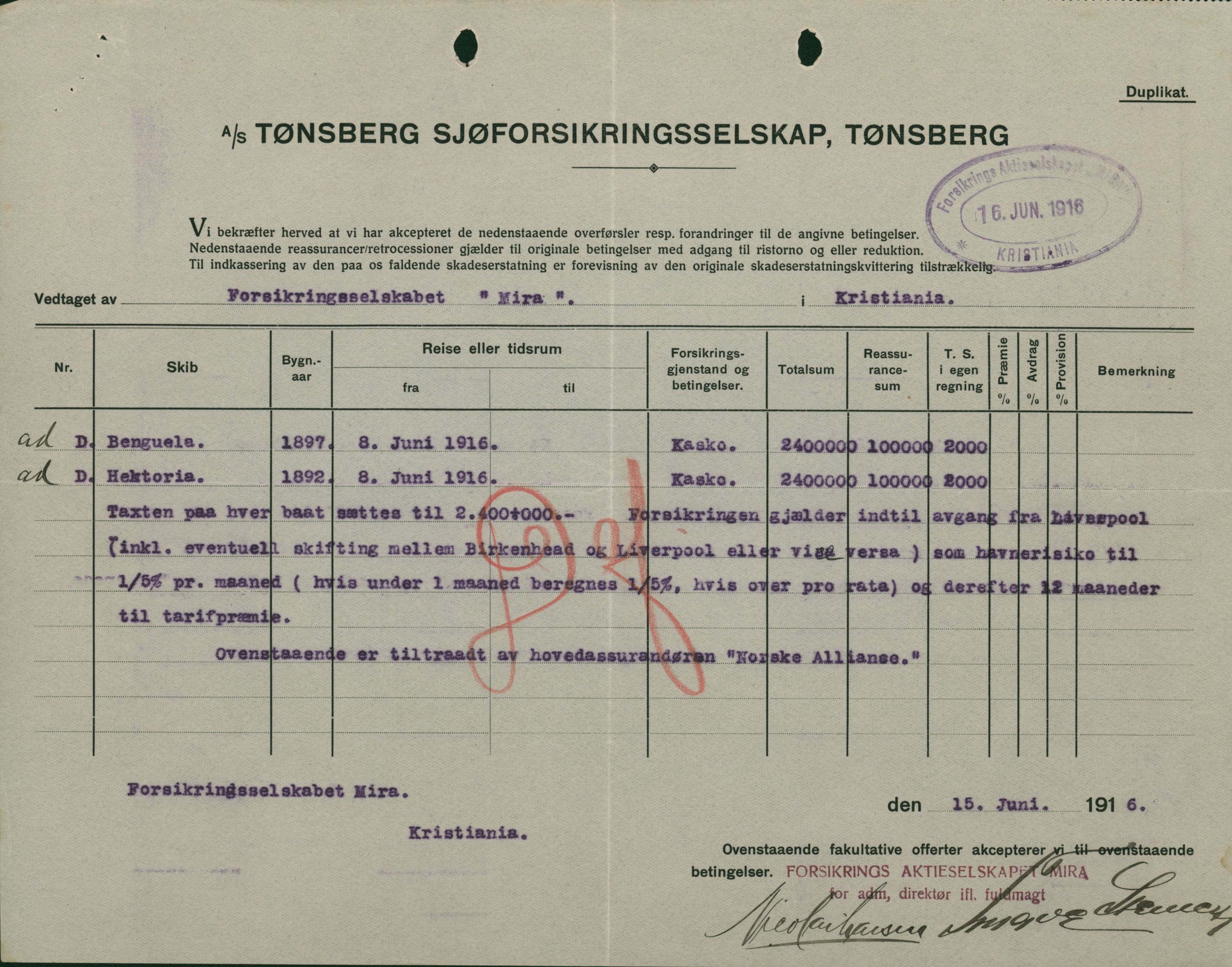 Pa 664 - Tønsberg Sjøforsikringsselskap, VEMU/A-1773/F/L0001: Forsikringspoliser, 1915-1918