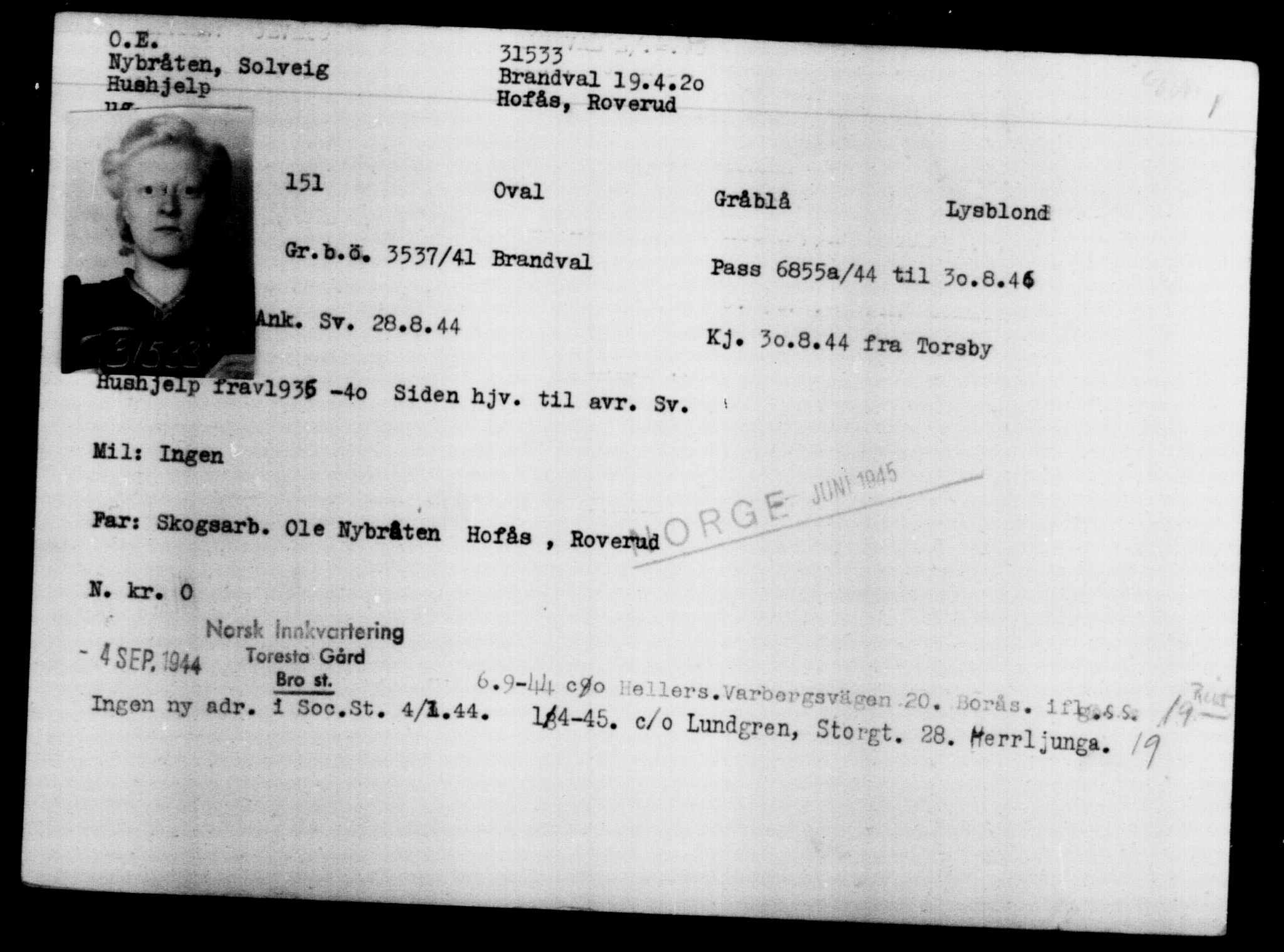 Utenriksstasjonene, Legasjonen i Stockholm, Flyktningkontoret, AV/RA-S-6753/V/Va/L0013: Kjesäterkartoteket, flyktninger med registreringsnr. 31500-34731, 1940-1945, s. 36