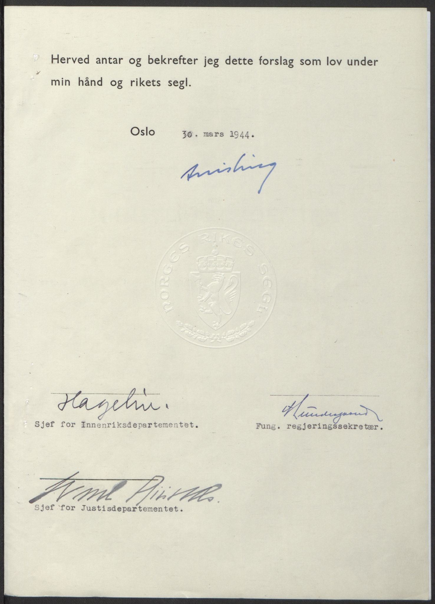 NS-administrasjonen 1940-1945 (Statsrådsekretariatet, de kommisariske statsråder mm), AV/RA-S-4279/D/Db/L0100: Lover, 1944, s. 150