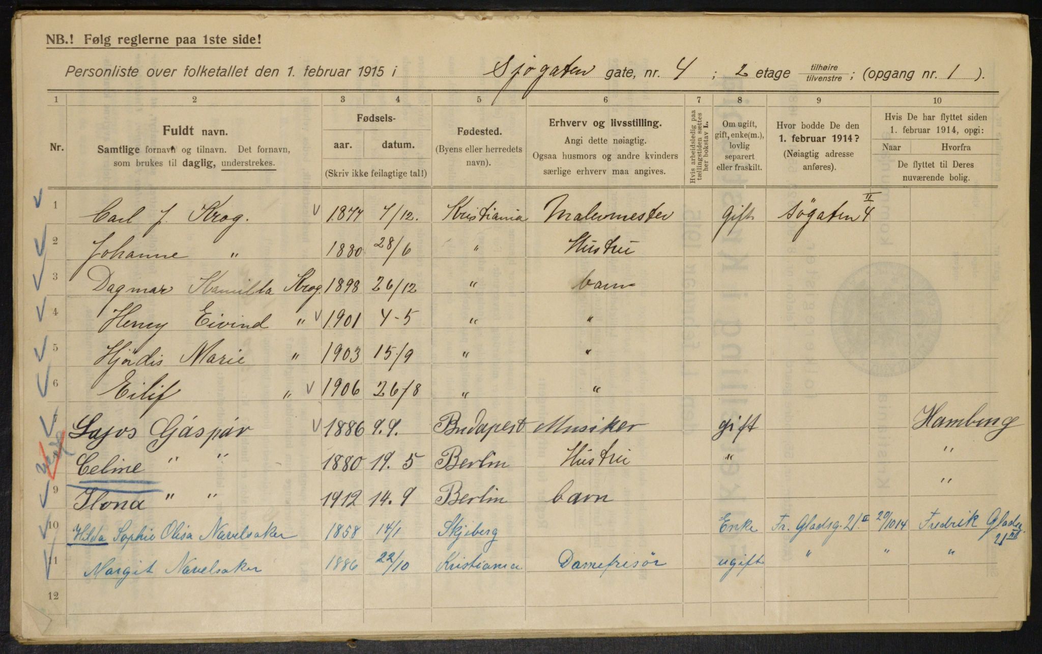 OBA, Kommunal folketelling 1.2.1915 for Kristiania, 1915, s. 94989