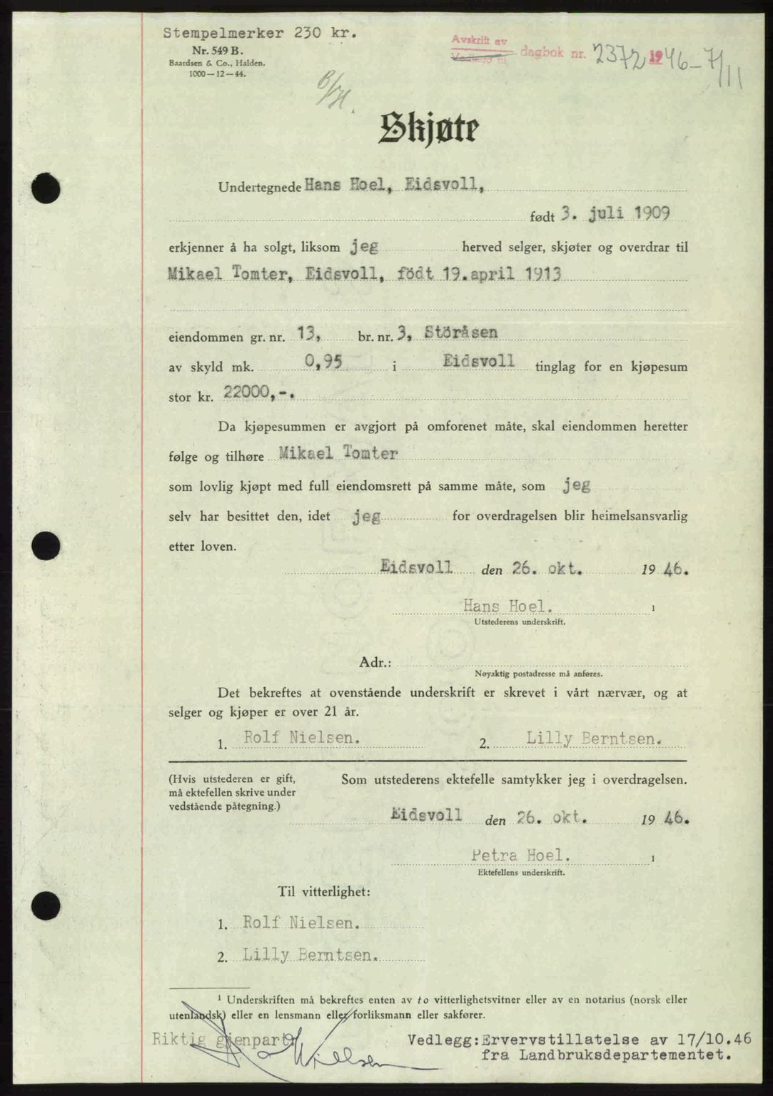 Eidsvoll tingrett, SAO/A-10371/G/Gb/Gbb/L0015: Pantebok nr. A43, 1946-1947, Dagboknr: 2372/1946