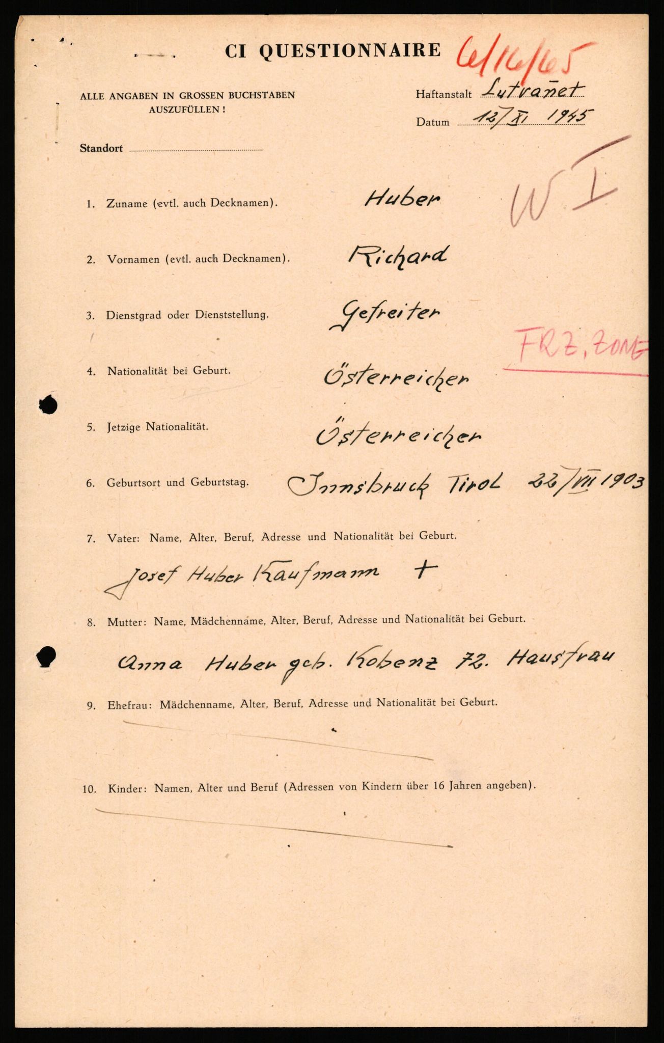 Forsvaret, Forsvarets overkommando II, AV/RA-RAFA-3915/D/Db/L0039: CI Questionaires. Tyske okkupasjonsstyrker i Norge. Østerrikere., 1945-1946, s. 75