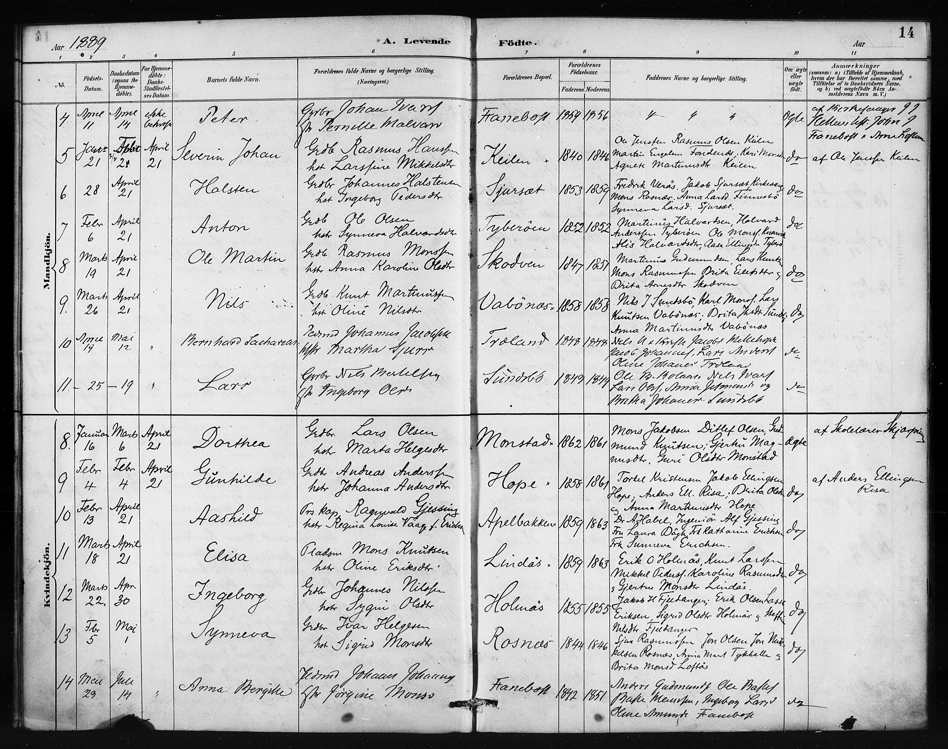 Lindås Sokneprestembete, AV/SAB-A-76701/H/Haa/Haab/L0001: Ministerialbok nr. B 1, 1886-1900, s. 14