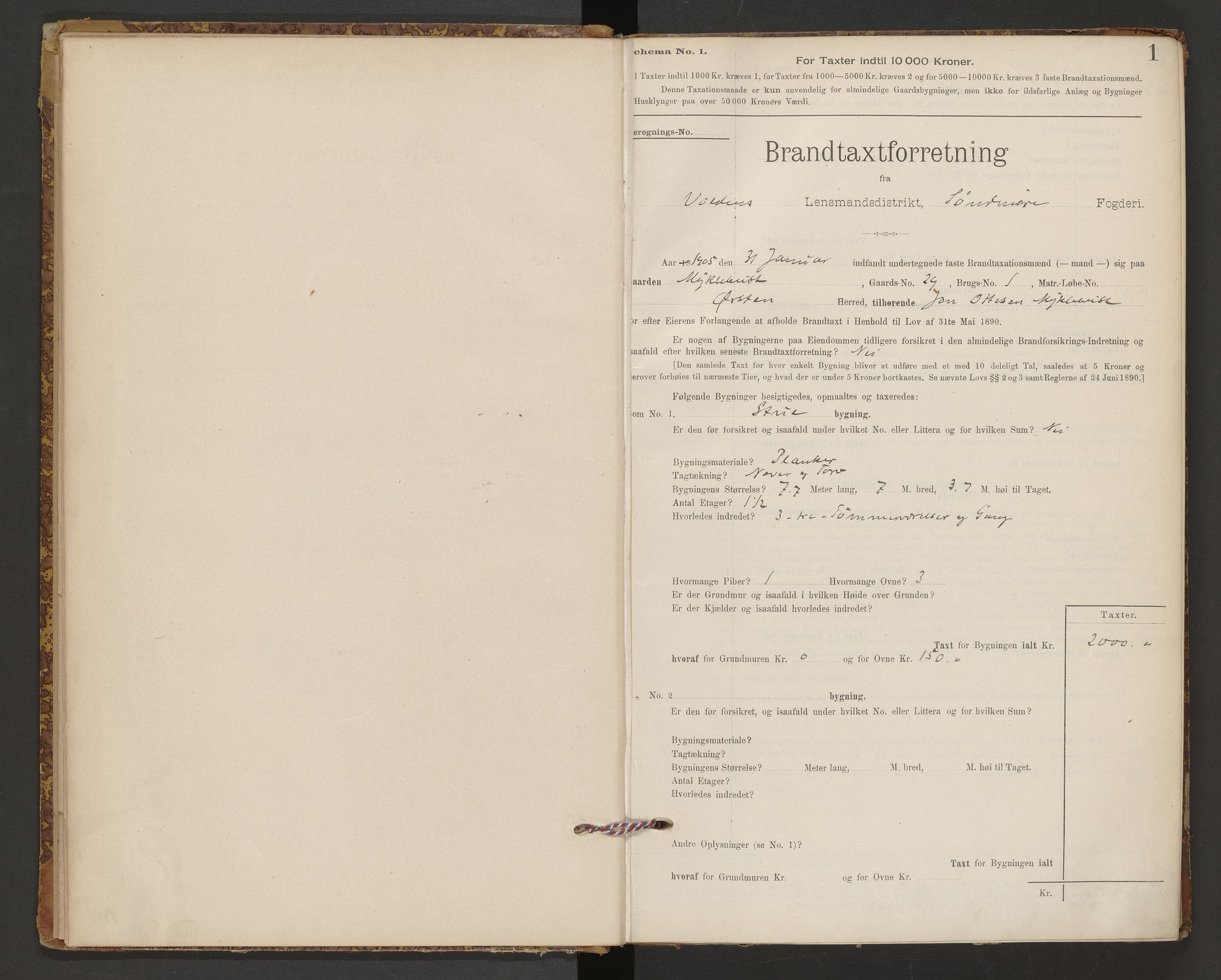 Norges Brannkasse Volda, AV/SAT-A-5488/F/Fb/L0001: Branntakstprotokoll, 1905-1944, s. 1