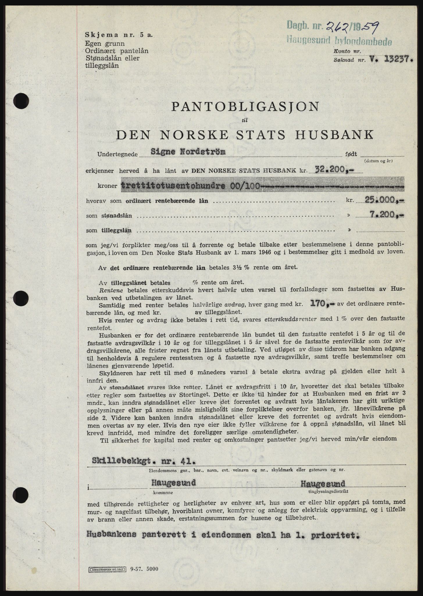 Haugesund tingrett, SAST/A-101415/01/II/IIC/L0045: Pantebok nr. B 45, 1959-1959, Dagboknr: 262/1959