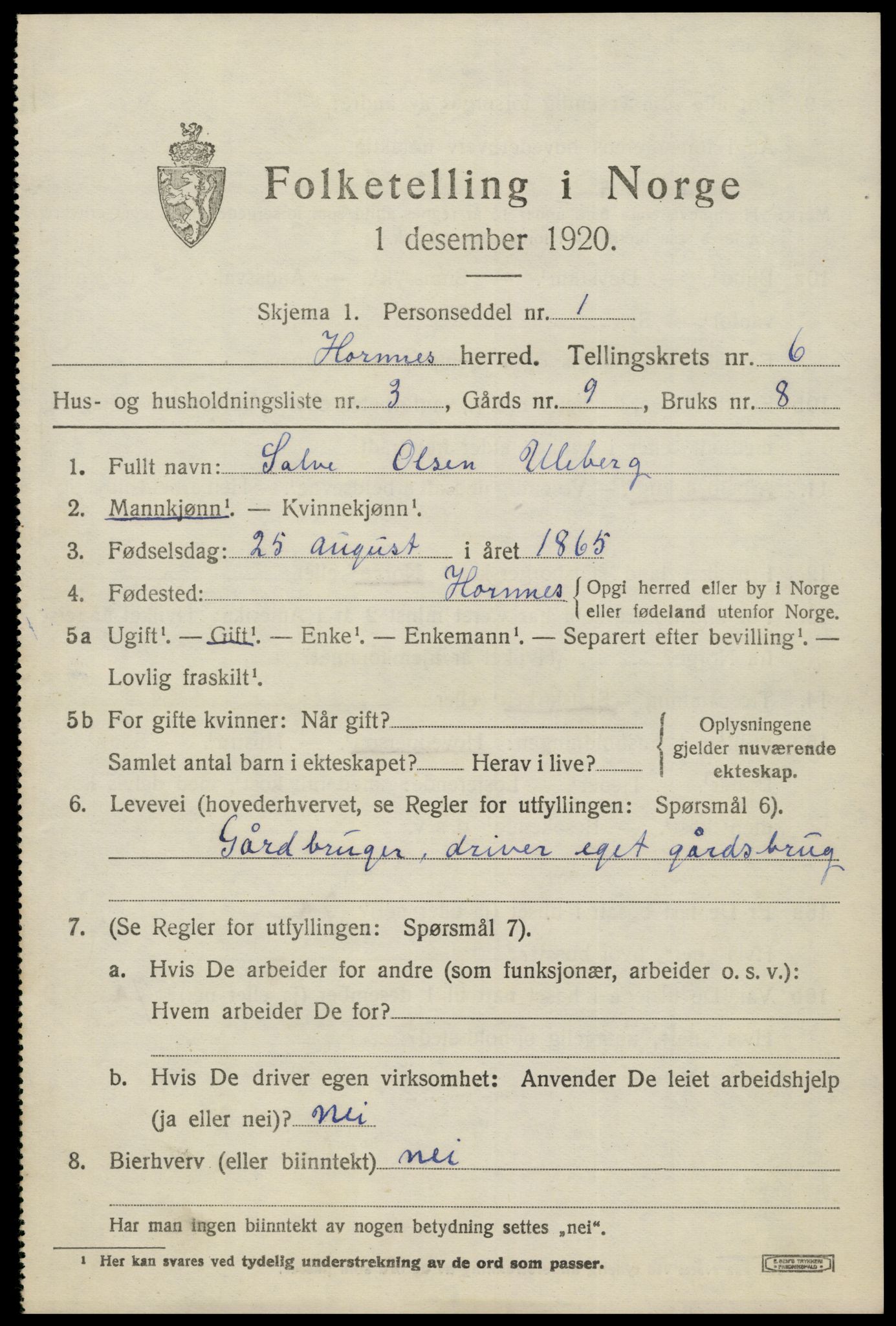 SAK, Folketelling 1920 for 0936 Hornnes herred, 1920, s. 1577