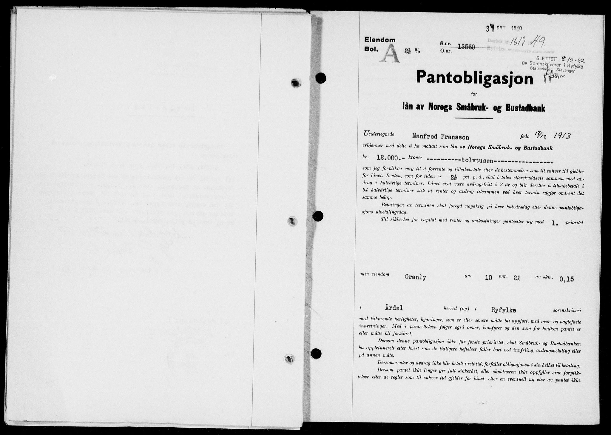 Ryfylke tingrett, SAST/A-100055/001/II/IIB/L0107: Pantebok nr. 86, 1949-1960, Dagboknr: 1617/1949