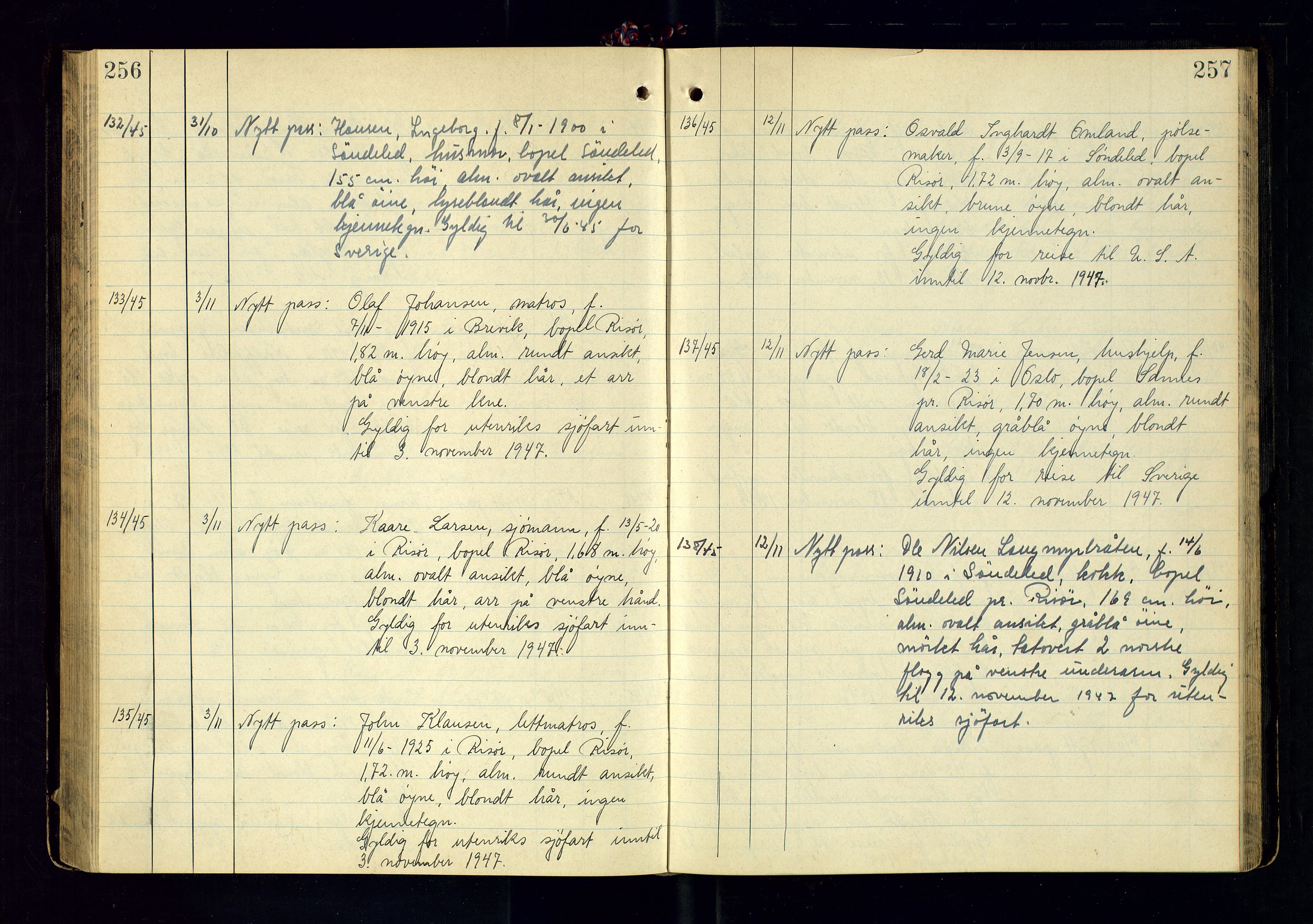 Risør politistasjon, AV/SAK-1243-0006/K/Ka/L0001/0001: Passprotokoller / Passprotokoll, 1931-1946, s. 256-257
