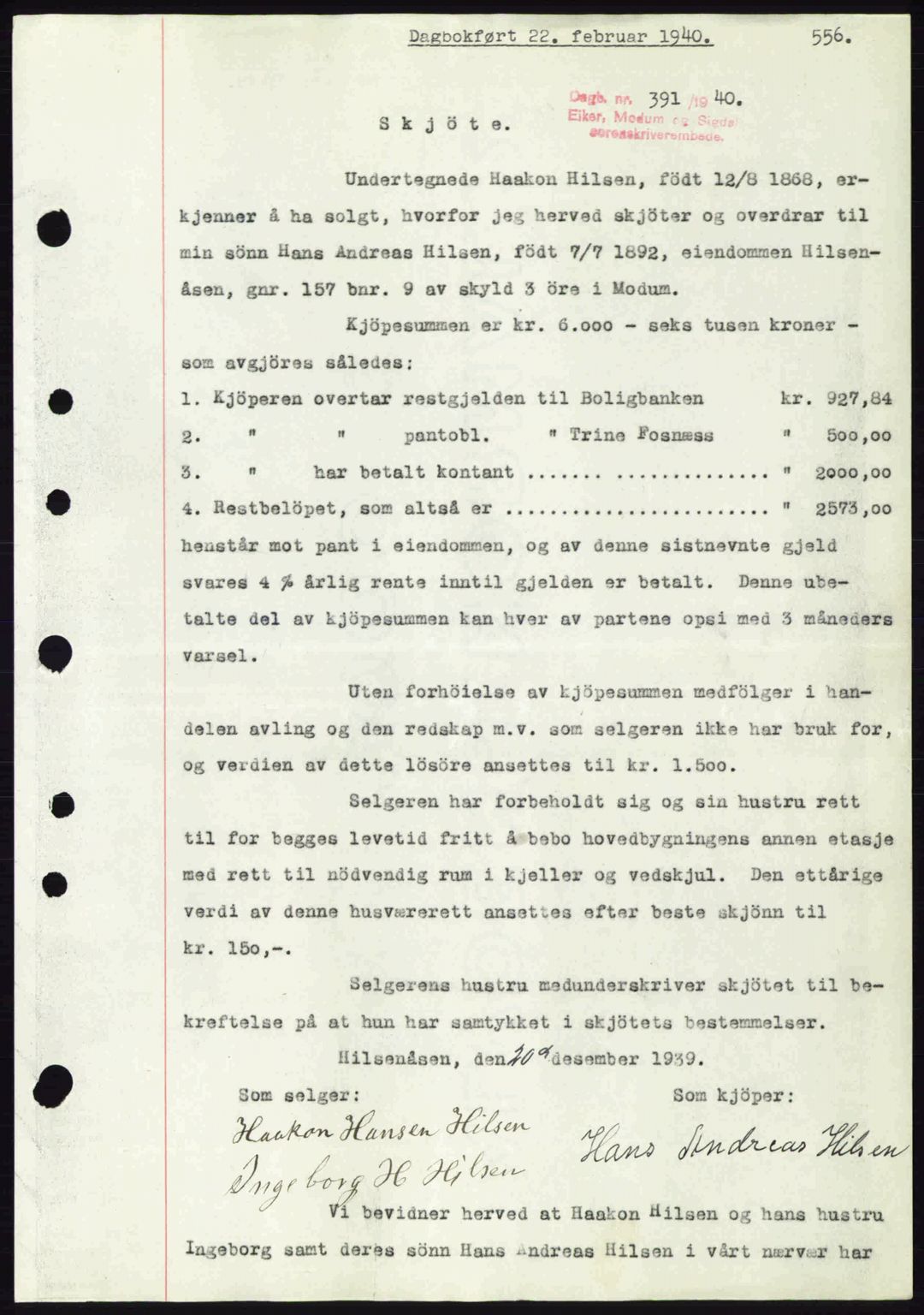 Eiker, Modum og Sigdal sorenskriveri, SAKO/A-123/G/Ga/Gab/L0041: Pantebok nr. A11, 1939-1940, Dagboknr: 391/1940