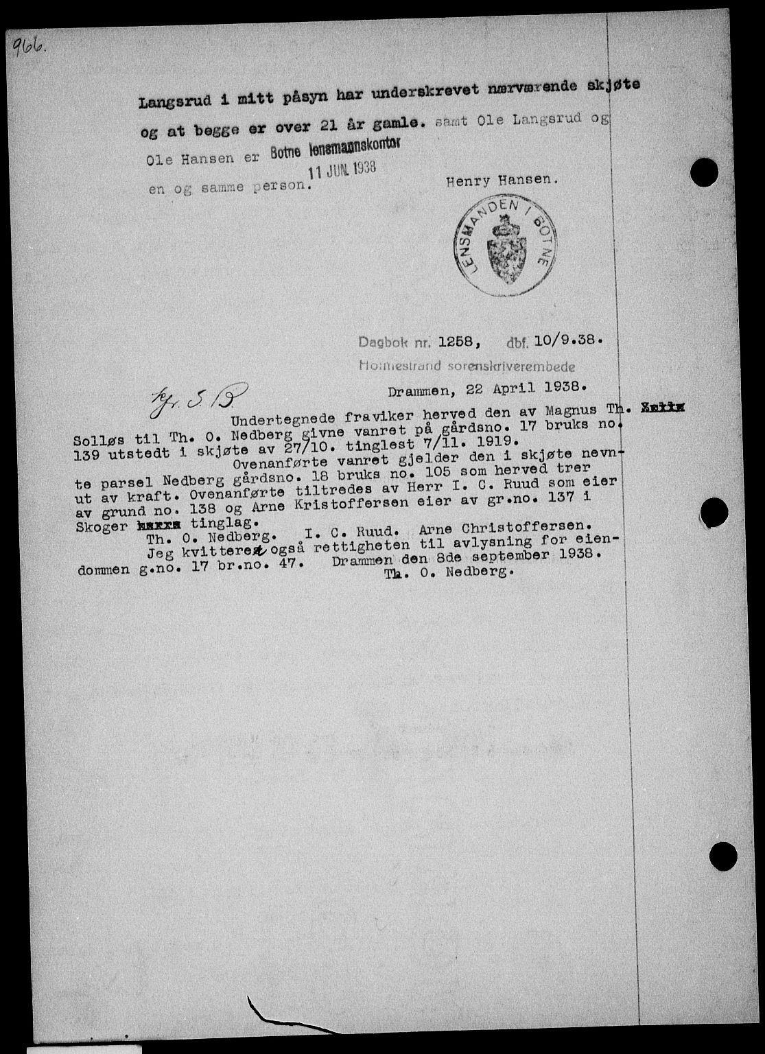 Holmestrand sorenskriveri, SAKO/A-67/G/Ga/Gaa/L0049: Pantebok nr. A-49, 1937-1938, Dagboknr: 1258/1938